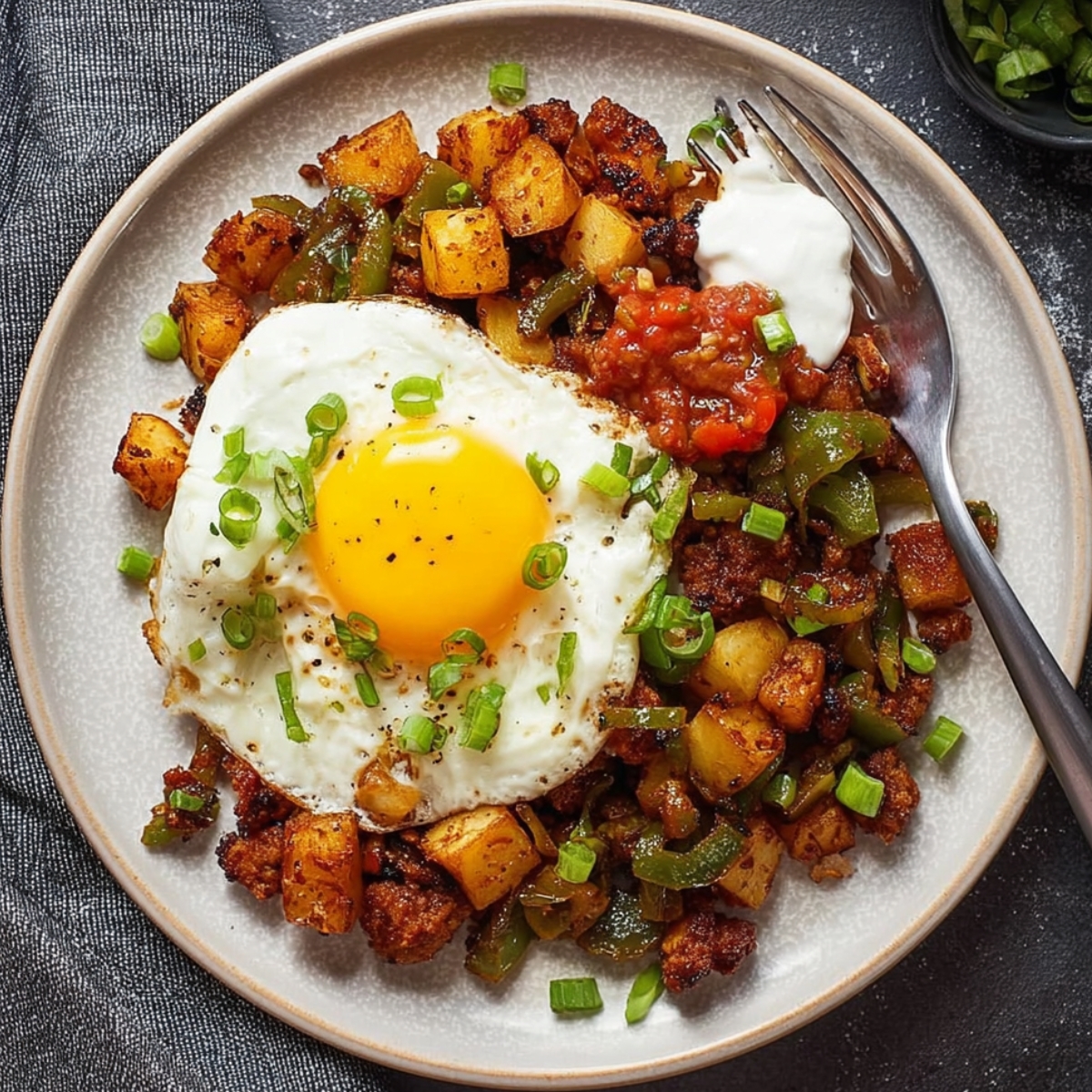 Chorizo Breakfast Hash Overhead view of a chorizo breakfast hash topped with a sunny-side-up egg and chopped green onions, served with roasted potatoes, sautéed bell peppers, salsa, and a dollop of sour cream on a ceramic plate.