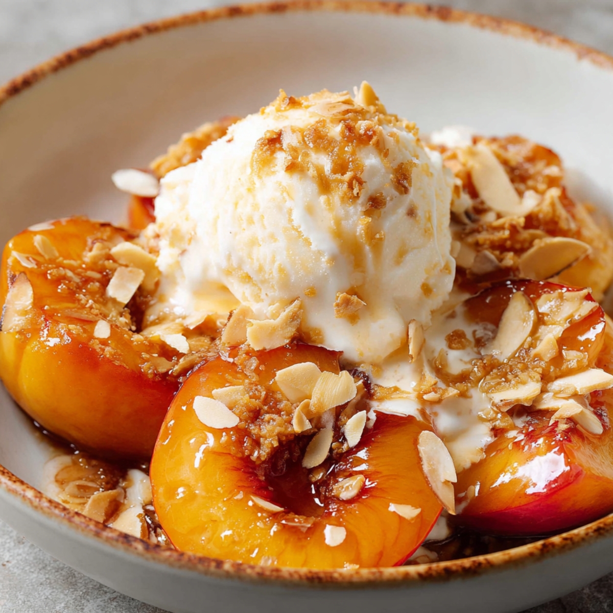 Cinnamon Baked Peaches A close-up view of cinnamon-baked peaches with a scoop of vanilla ice cream, garnished with crumbled cookies and sliced almonds