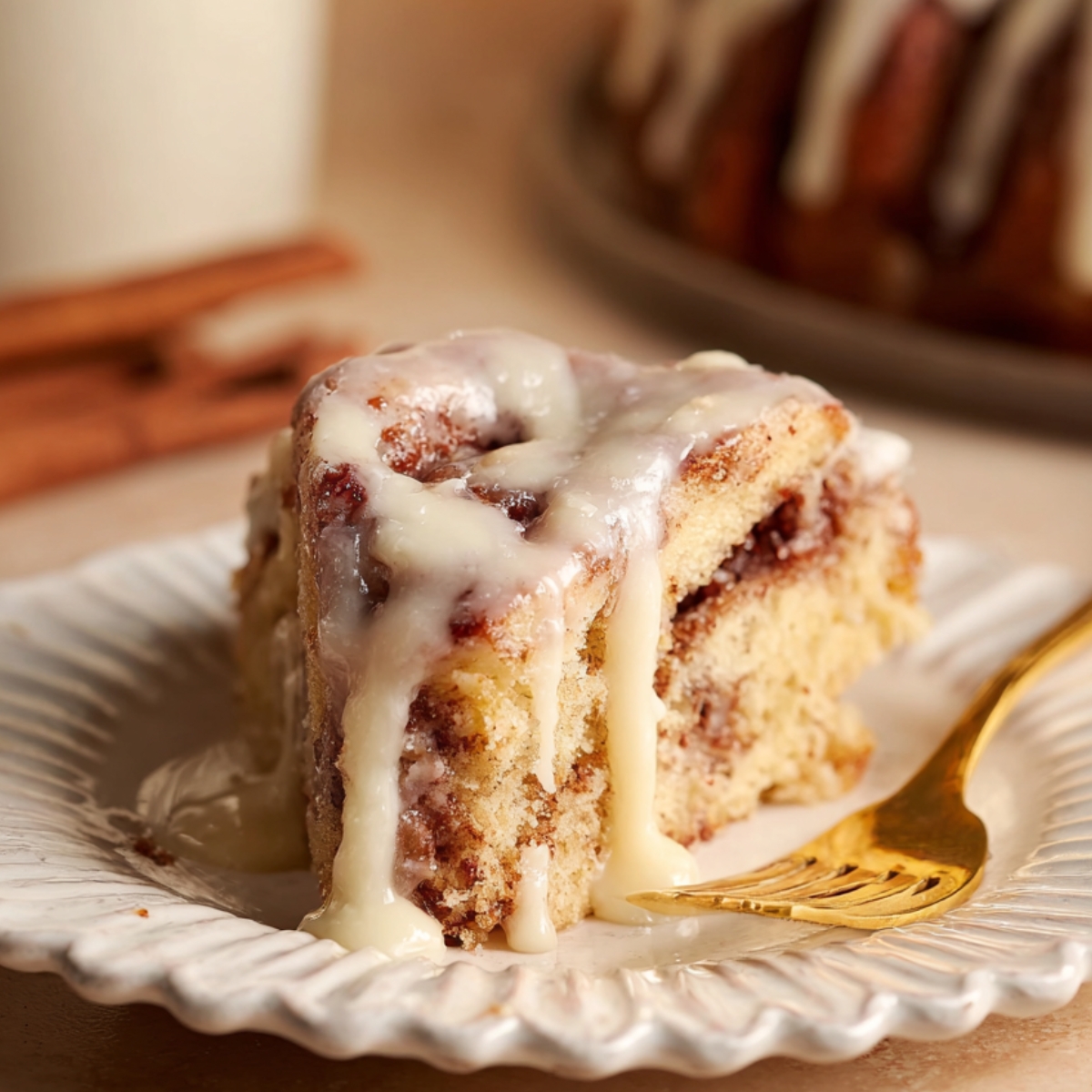 Cinnamon Roll Bread Pudding Slice of homemade cinnamon roll bread pudding topped with thick cream cheese glaze on a white scalloped plate, with a golden fork and cinnamon sticks in the background.