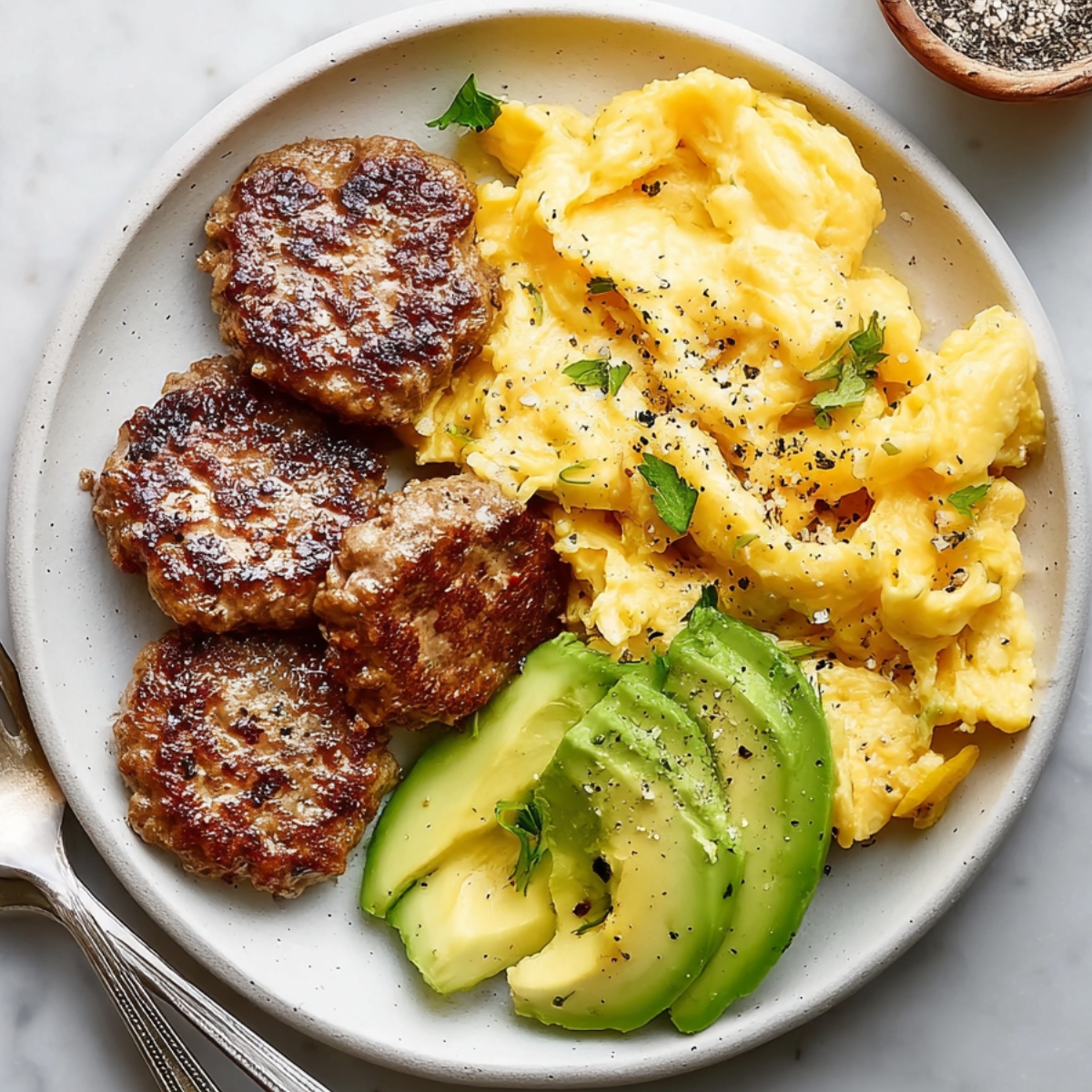 Classic Breakfast Sausage Classic breakfast sausage patties served with fluffy scrambled eggs and fresh avocado slices on a white plate, seasoned with black pepper and herbs.