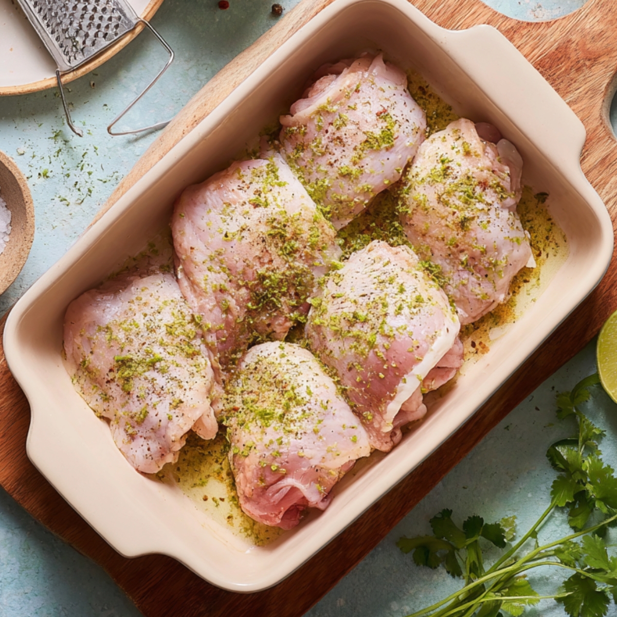 Raw chicken thighs in a white baking dish, seasoned with lime zest, herbs, salt, and pepper, with fresh cilantro and a halved lime nearby on a wooden surface.