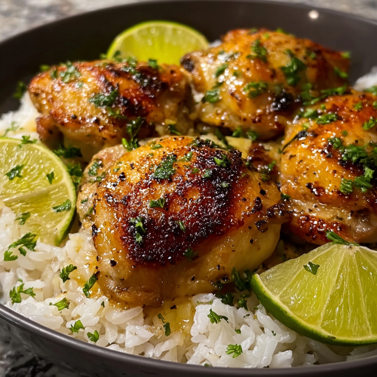 Coconut Lime Chicken and Rice Golden-brown, pan-seared chicken thighs glazed and garnished with chopped herbs, served over white rice with lime wedges in a black bowl.