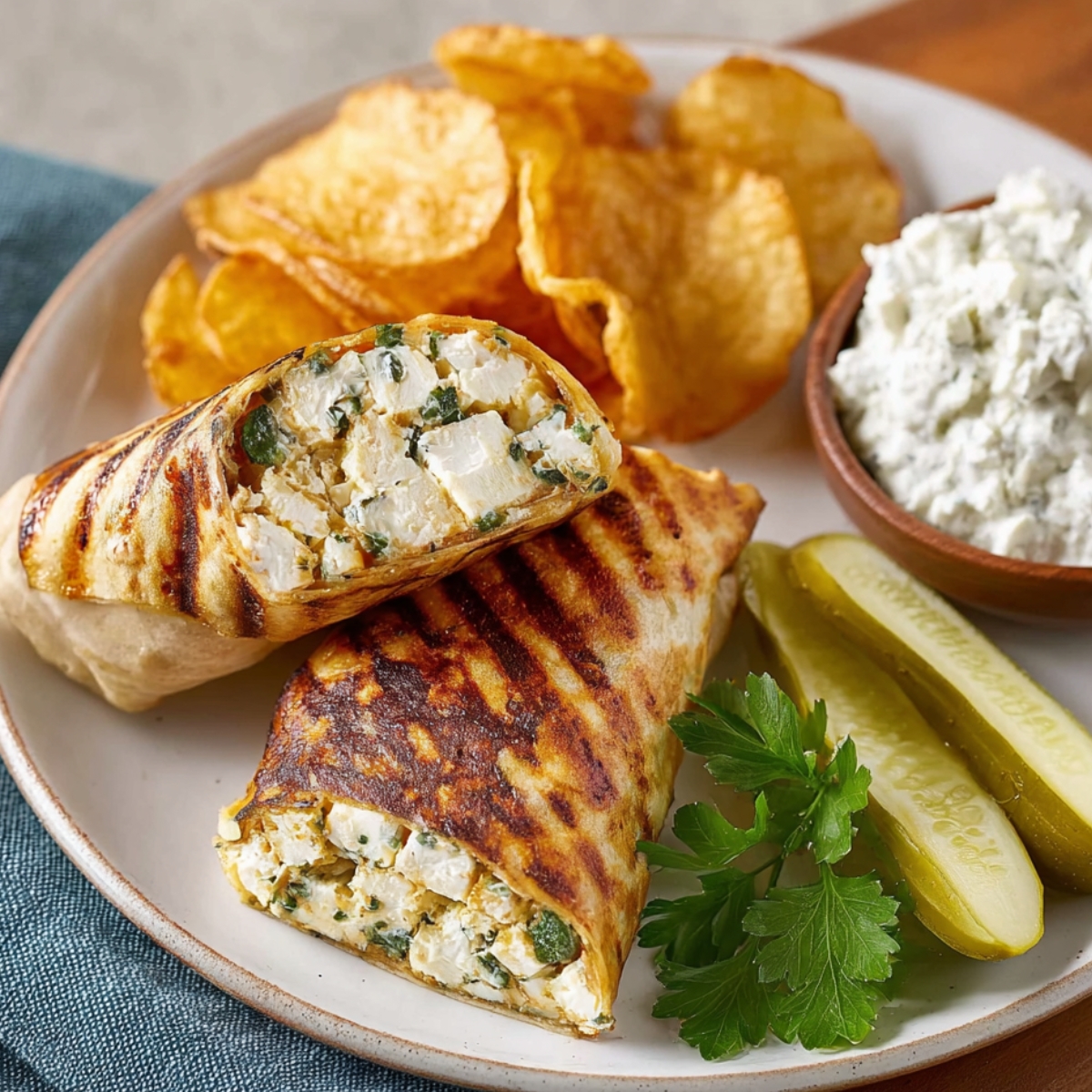 Cottage Cheese Wraps Cottage cheese wrap with crispy chips – A warm, grilled wrap filled with cottage cheese and fresh herbs, served with a side of crispy chips, pickle, and creamy cottage cheese.