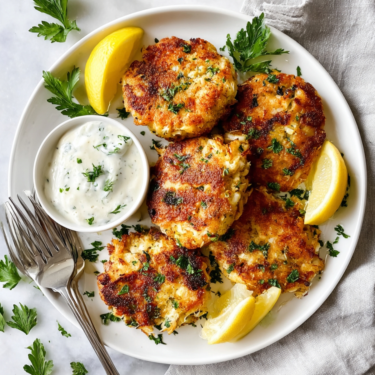 Crab Cakes recipe Golden brown homemade crab cakes served on a white plate with lemon wedges, fresh parsley, and a side of creamy tartar sauce.