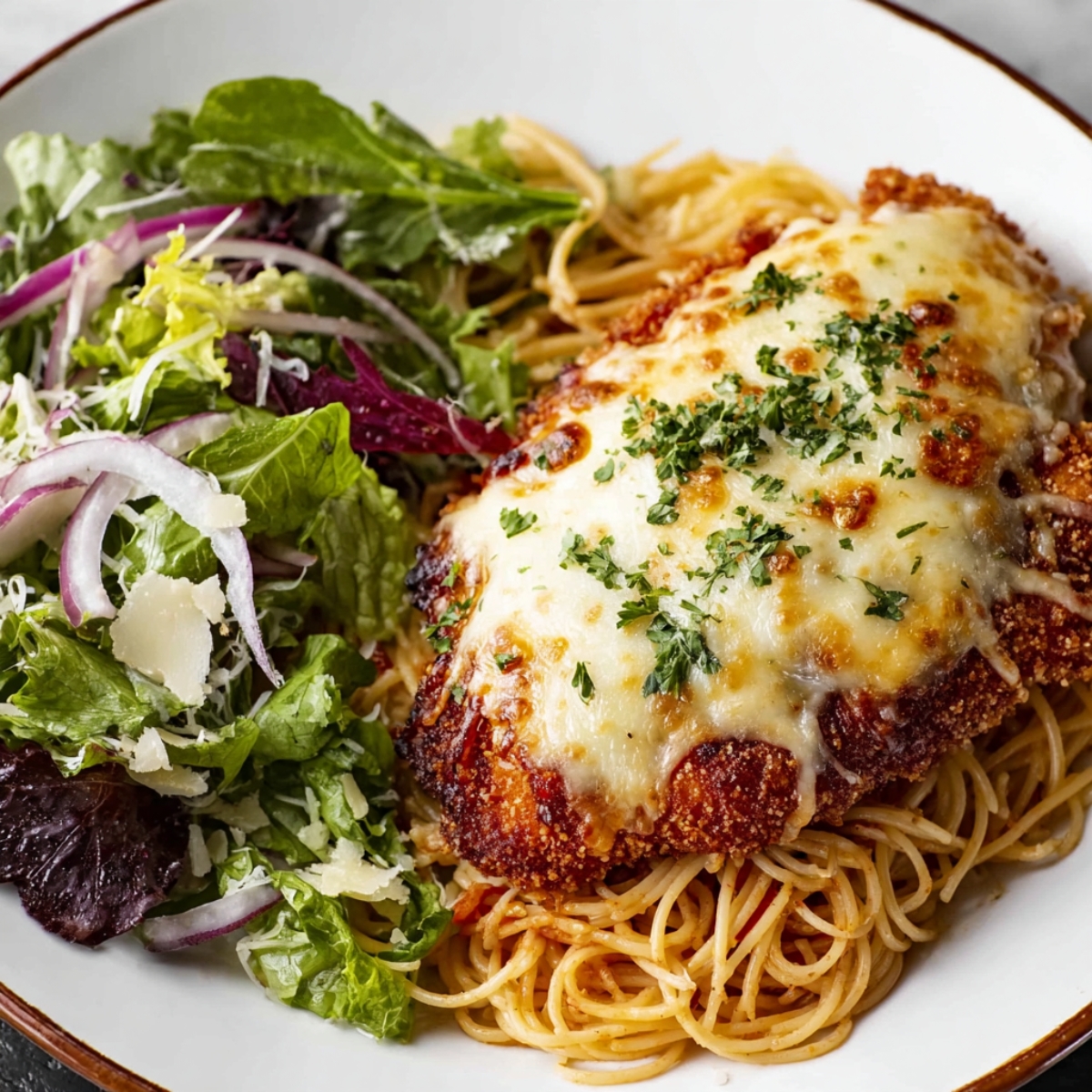 Crispy Chicken Parmesan A beautifully plated dish with crispy chicken Parmesan served on a bed of spaghetti, accompanied by a fresh salad