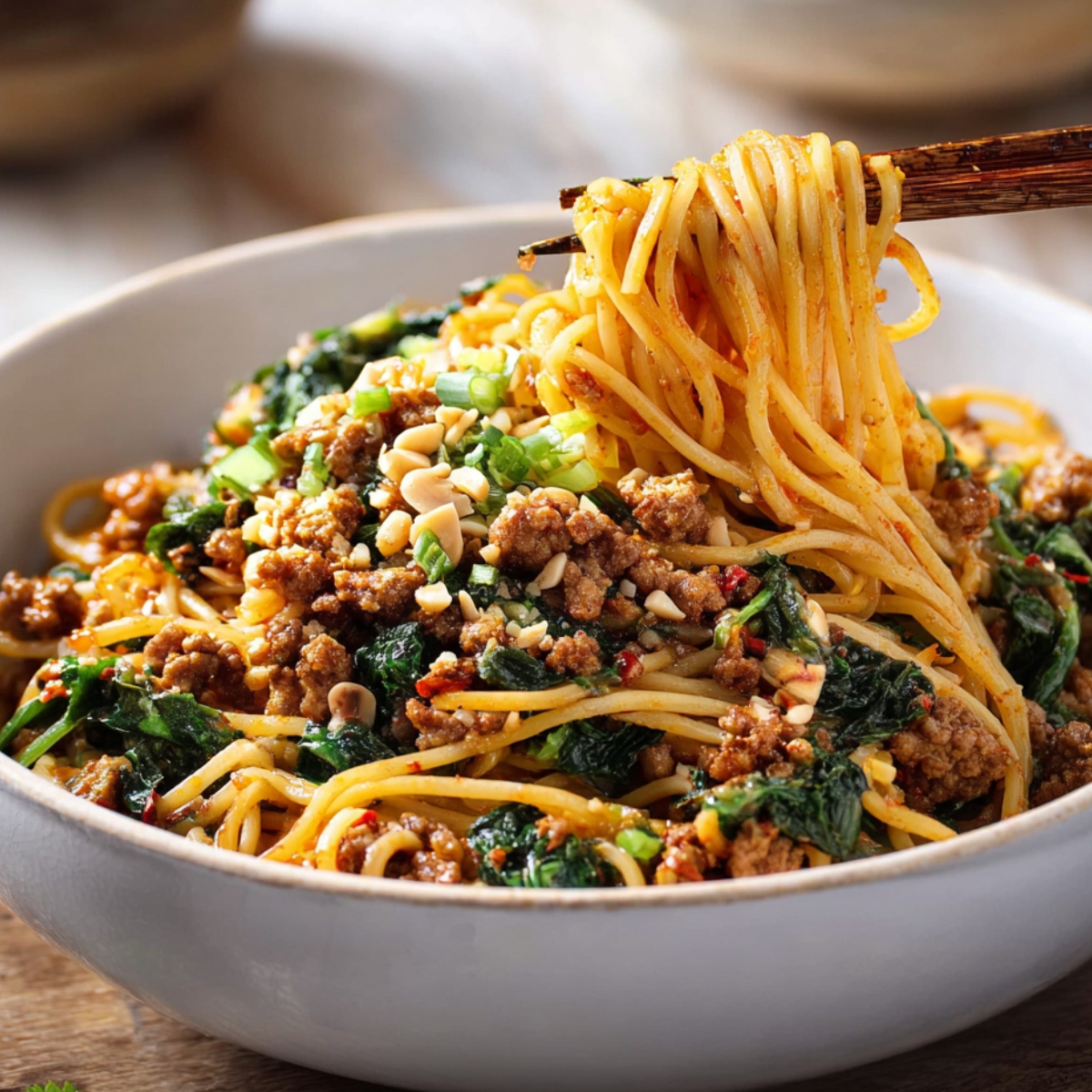 Dan Dan Noodles A white bowl of spicy pork noodles topped with sautéed spinach, green onions, and crushed peanuts, with chopsticks lifting a bundle of glossy noodles.