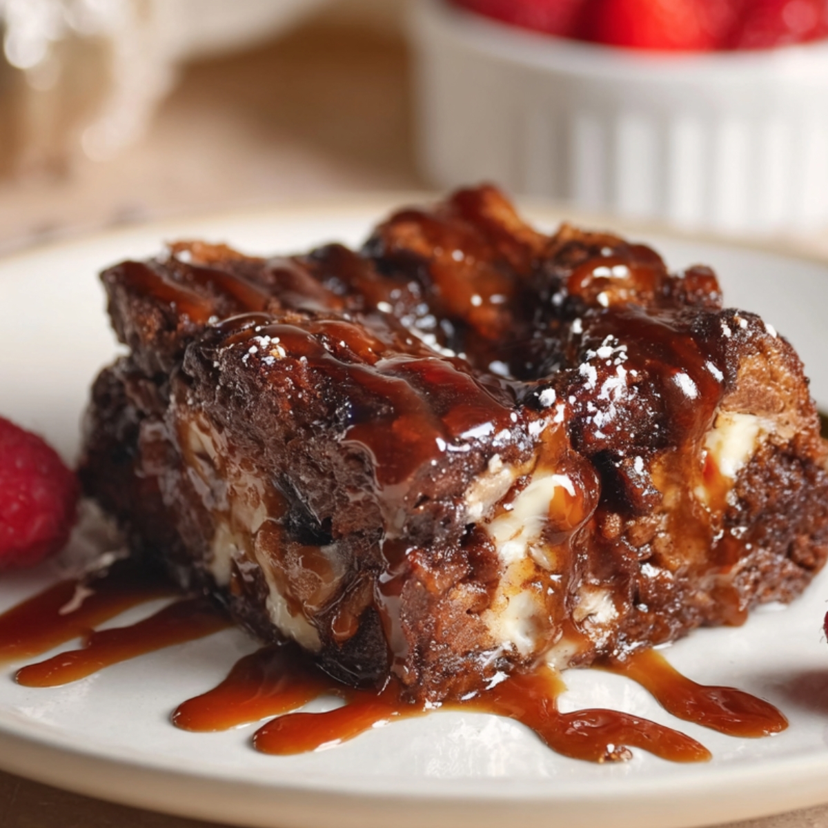 Easy Chocolate Bread Pudding A rich, decadent slice of chocolate bread pudding topped with a glossy chocolate sauce, a sprinkle of powdered sugar, and garnished with fresh raspberries. This indulgent treat is perfect for a dessert that combines comfort with luxury.