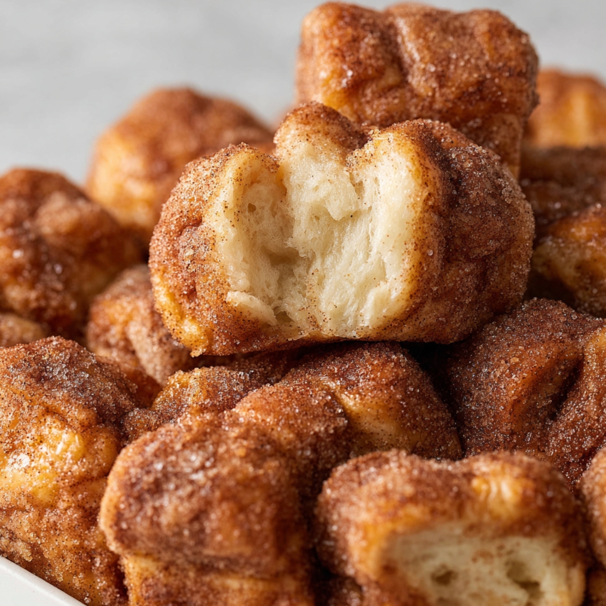 Easy Monkey Bread Recipe Close-up of freshly baked monkey bread with bite-sized dough balls coated in cinnamon sugar, showing their golden-brown perfection and fluffy interior