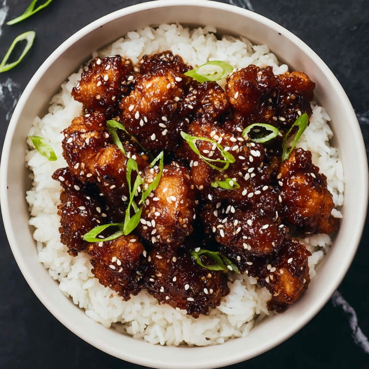 Easy Sesame Chicken This mouthwatering dish features tender sesame chicken glazed in a rich soy-garlic sauce, served over a bed of fluffy steamed rice. The glossy, caramelized chicken is sprinkled with sesame seeds and fresh green onions, creating a beautiful contrast against the white rice. The clean, minimal composition and natural lighting highlight the vibrant textures and flavors in this editorial-style food photography.