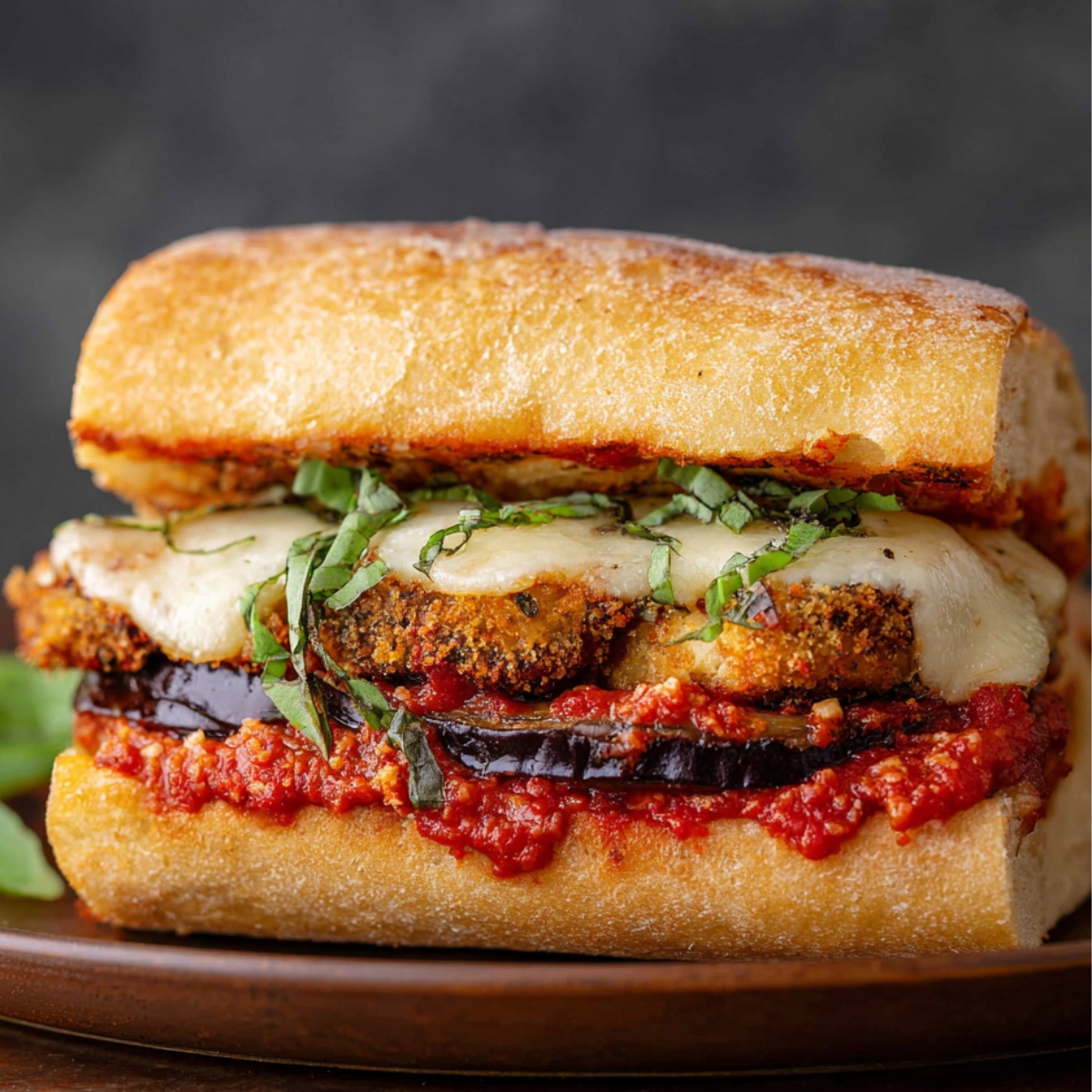 Eggplant Mozzarella Sandwiches A mouthwatering eggplant parmesan sandwich on ciabatta, filled with crispy eggplant, melted mozzarella, tomato sauce, and fresh basil, all stacked in a perfect bite.