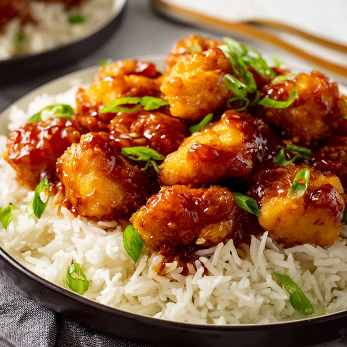 Firecracker Chicken Recipe
Close up of glazed chicken pieces tossed in a sticky, flavorful sauce in a skillet.