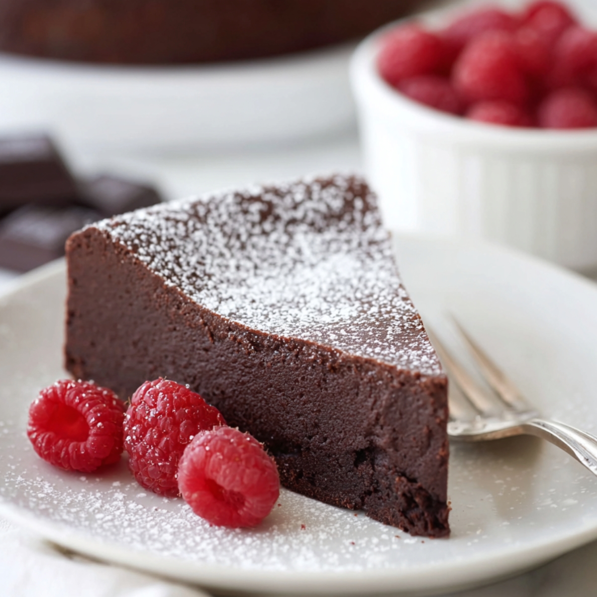 Flourless Chocolate Cake Slice of homemade flourless chocolate cake dusted with powdered sugar and served with fresh raspberries on a white plate.