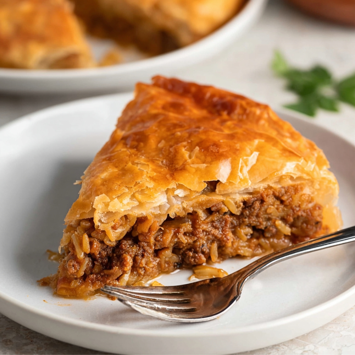 Greek Meat Pie Kreatopita
A golden, flaky slice of Greek meat pie with layers of savory beef and rice filling, served on a plate ready for a satisfying meal.