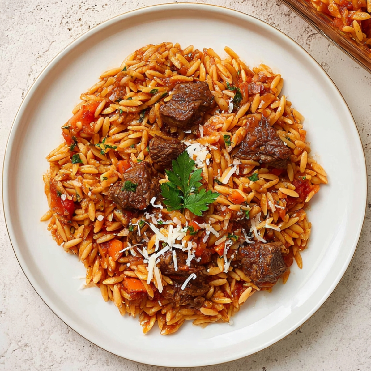 Greek beef stew with orzo pasta A white plate filled with Greek beef orzo pasta in tomato sauce, topped with grated cheese and a fresh parsley leaf, viewed from above on a light textured surface.