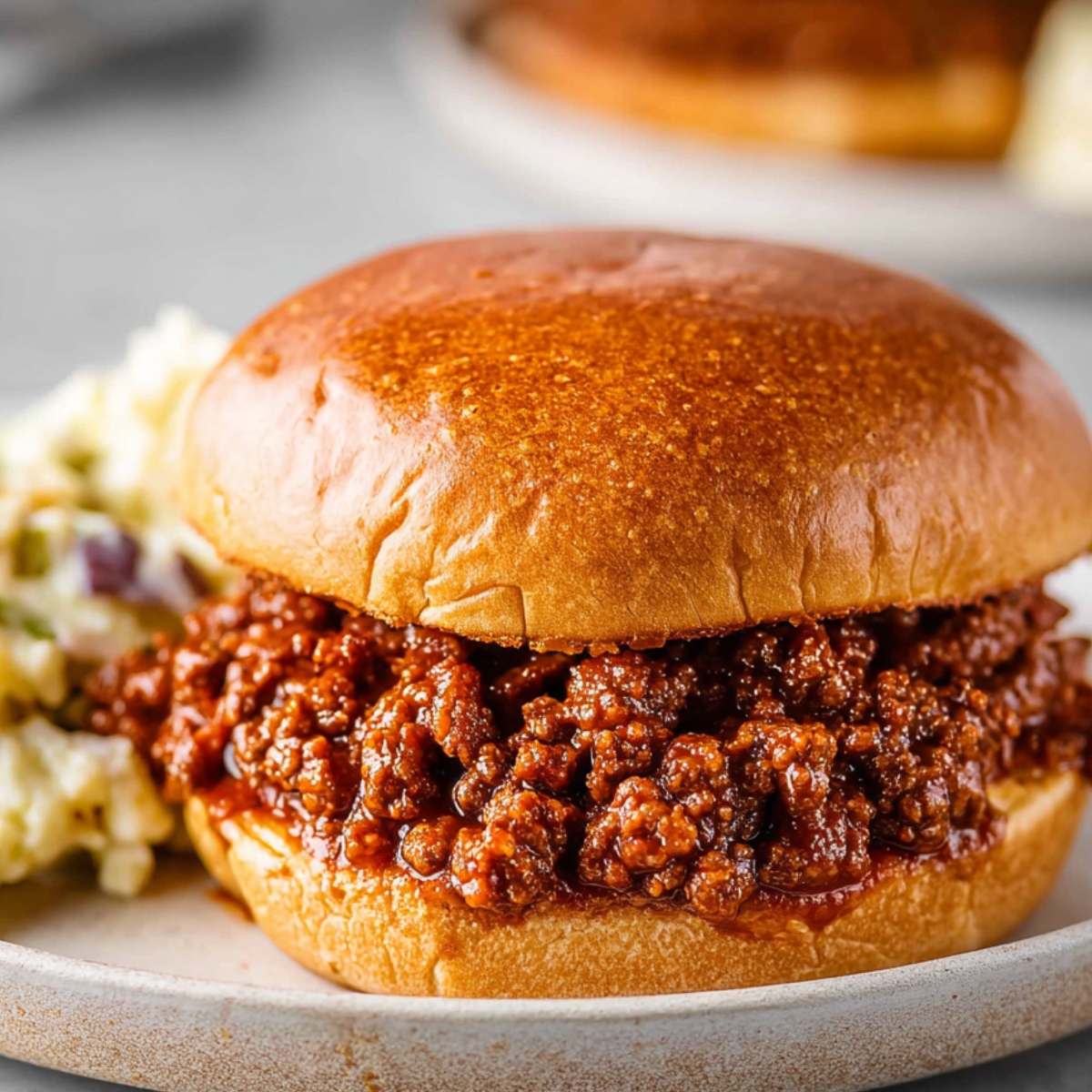 Homemade Sloppy Joes Recipe Close-up of a sloppy joe sandwich on a toasted brioche bun filled with saucy ground beef, served on a ceramic plate with creamy coleslaw on the side.