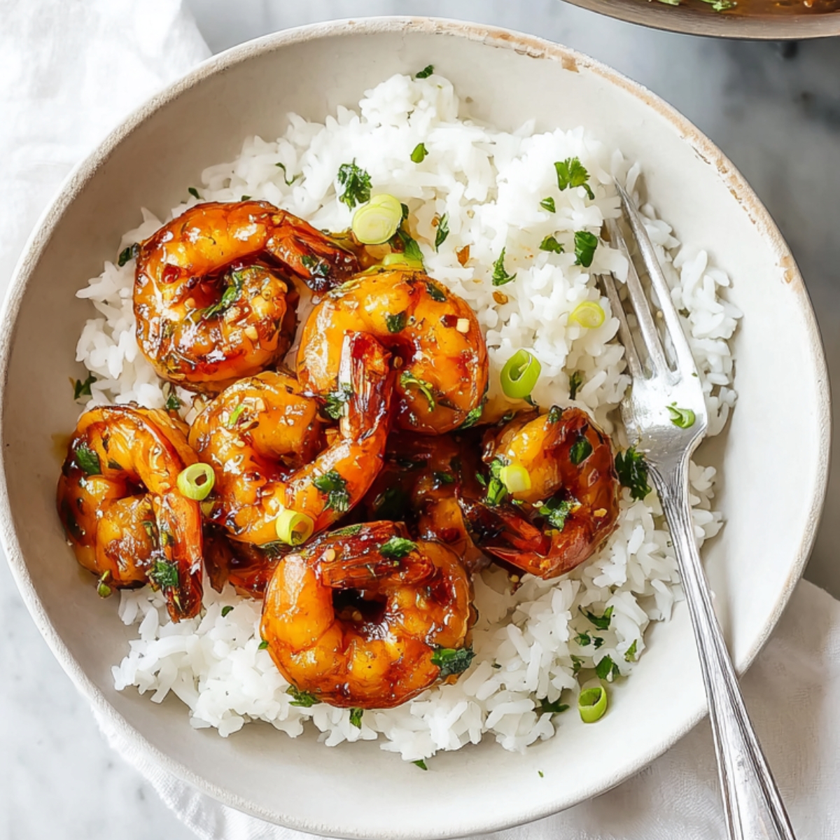 Honey Garlic Shrimp A bowl of fluffy white rice topped with glossy honey garlic shrimp, garnished with chopped parsley and sliced green onions, with a fork resting on the side.