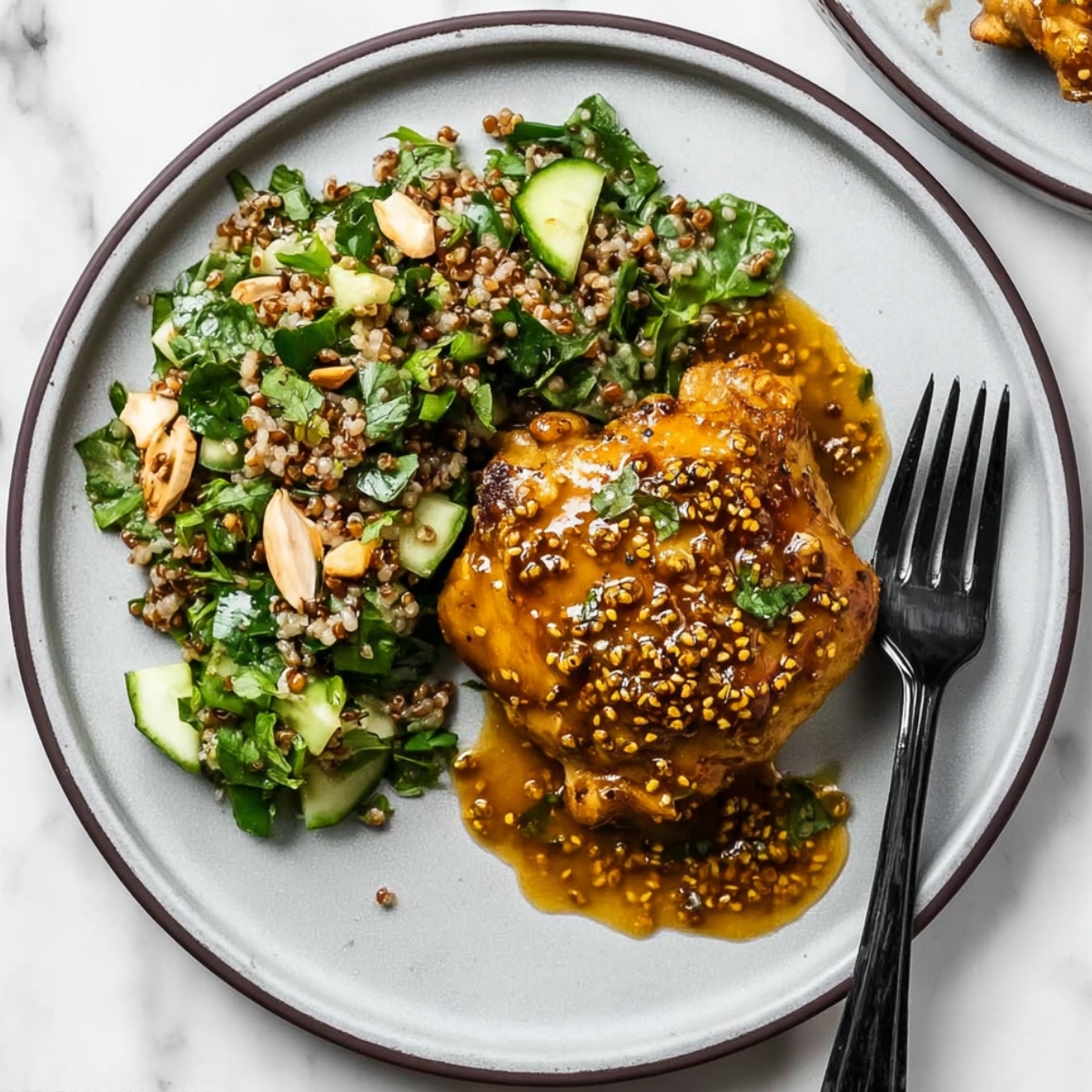 Honey Mustard Chicken Overhead view of honey mustard chicken thigh glazed with a golden mustard seed sauce served on a light gray plate with a fresh grain and cucumber salad, almonds, and herbs, with a black fork on the side.