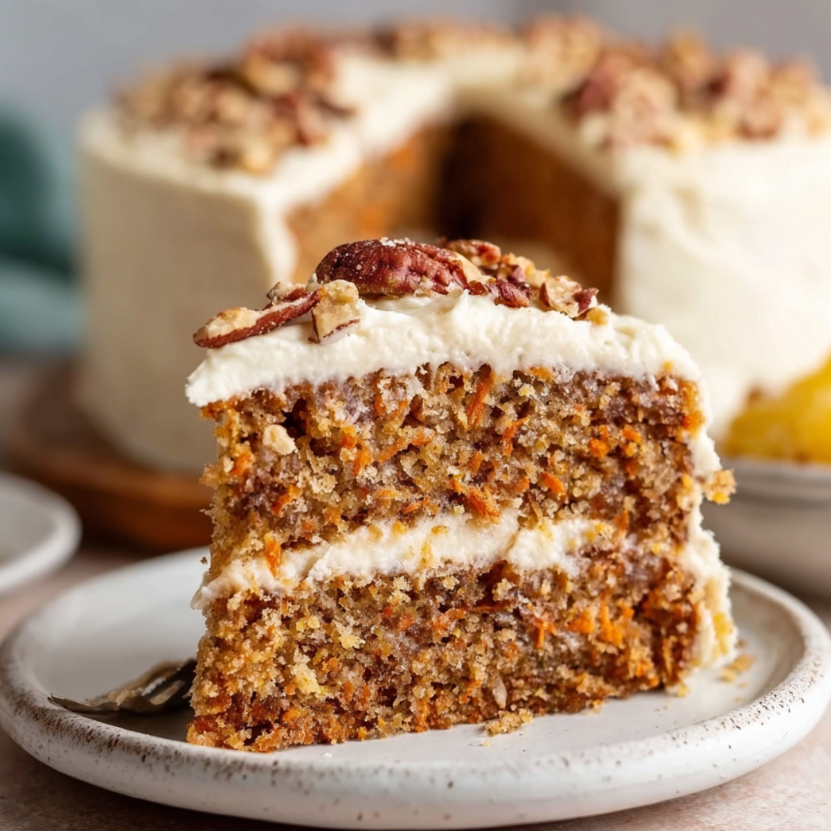 Hummingbird Cake Close-up of a thick slice of carrot cake on a small white plate, two moist layers with creamy cream cheese frosting in between and on top, chopped pecans sprinkled over the frosting, visible carrot and nut texture inside the cake, blurred whole cake in the background, warm soft lighting, shallow depth of field, professional food photography, ultra-realistic details.