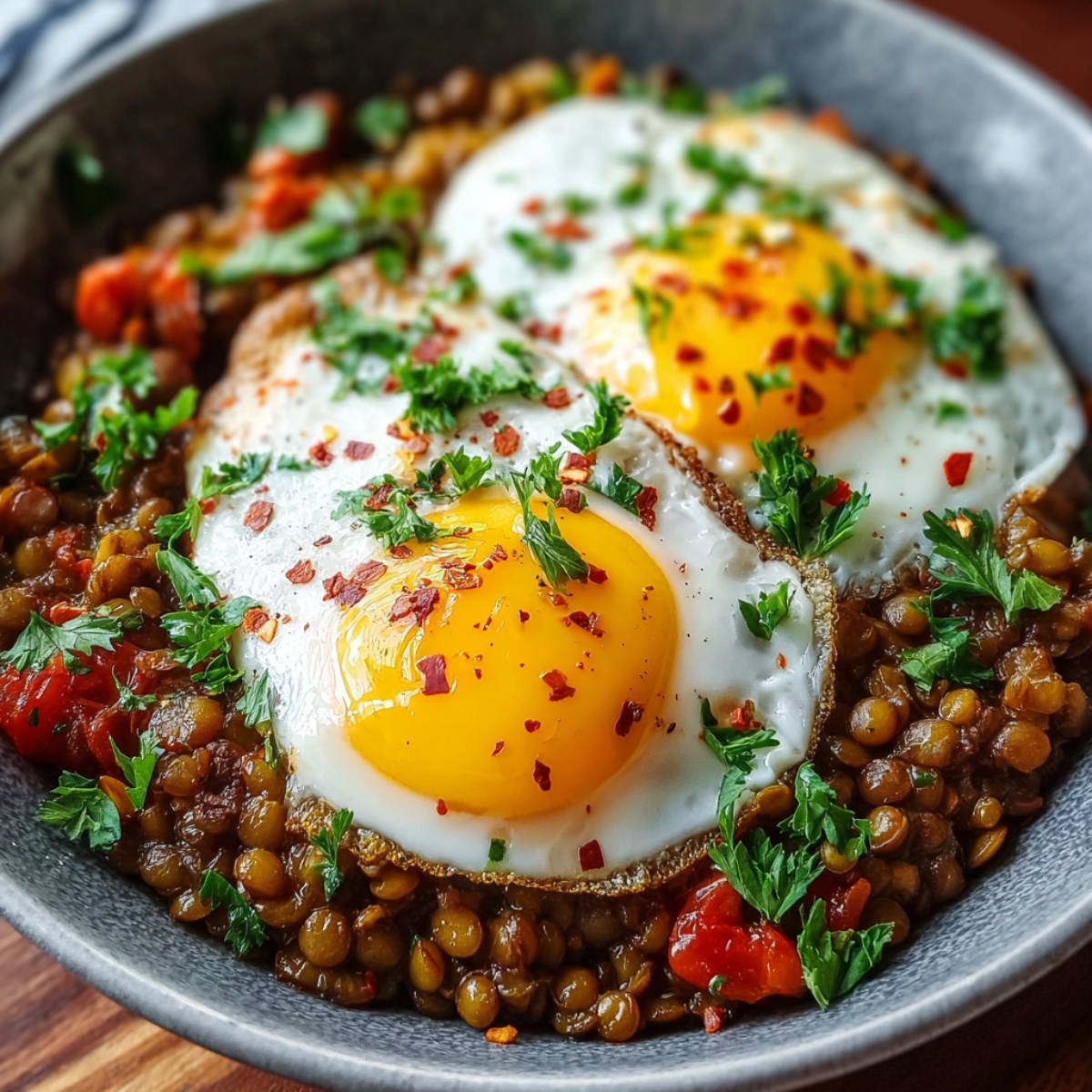 Kale Lentil Breakfast Bowls Lentils and Fried Eggs: A bowl featuring a delicious combination of lentils cooked with tomatoes, topped with two sunny-side-up fried eggs. The dish is garnished with fresh parsley and a sprinkle of chili flakes for a bit of heat.