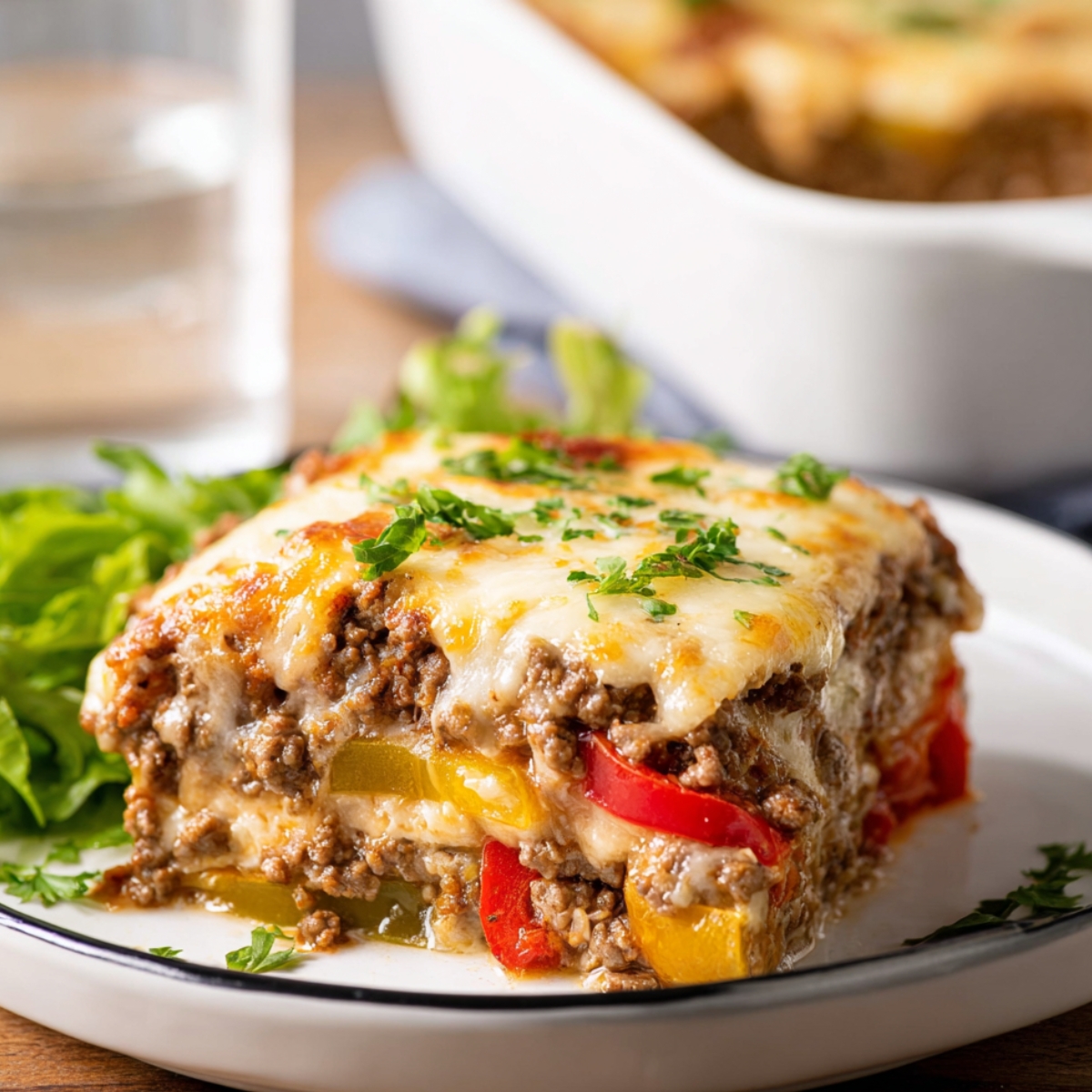 Keto Philly Cheesesteak Casserole The Keto Philly Cheesesteak Casserole is shown as a completed dish, featuring a hearty and cheesy casserole with layers of seasoned beef, peppers, and melted cheese. It's a savory, low-carb version of the classic Philly Cheesesteak.
