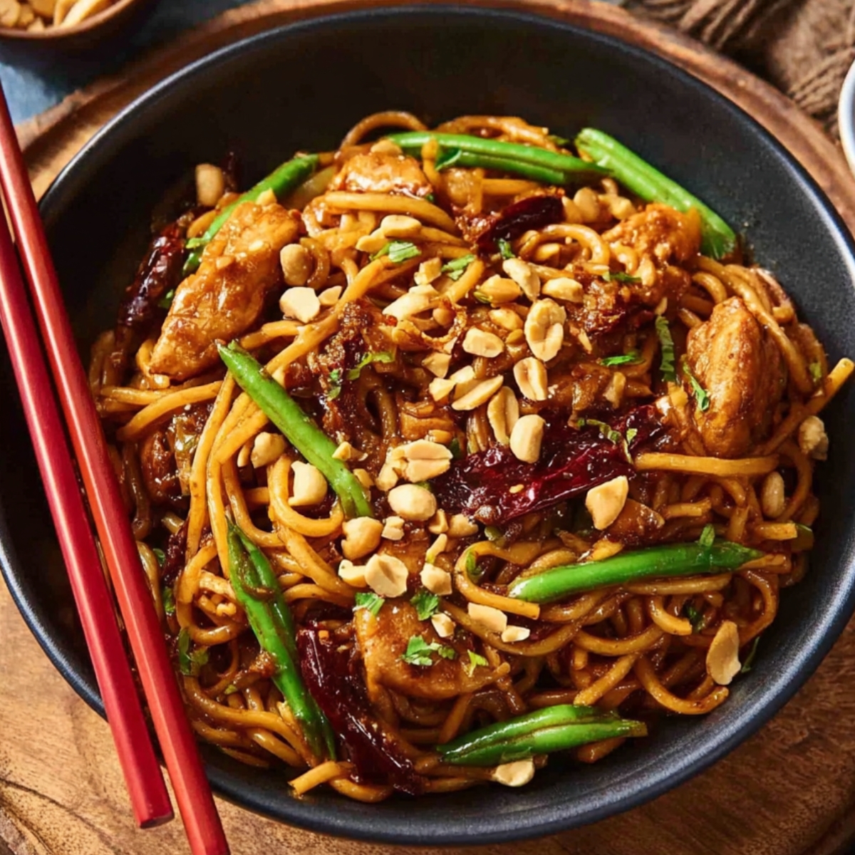 Kung Pao Chicken Noodles A vibrant bowl of Kung Pao Chicken Noodles, garnished with crunchy peanuts, green beans, and dried chilies. The dish is drenched in a savory sauce, offering a perfect balance of flavors with stir-fried chicken and noodles.