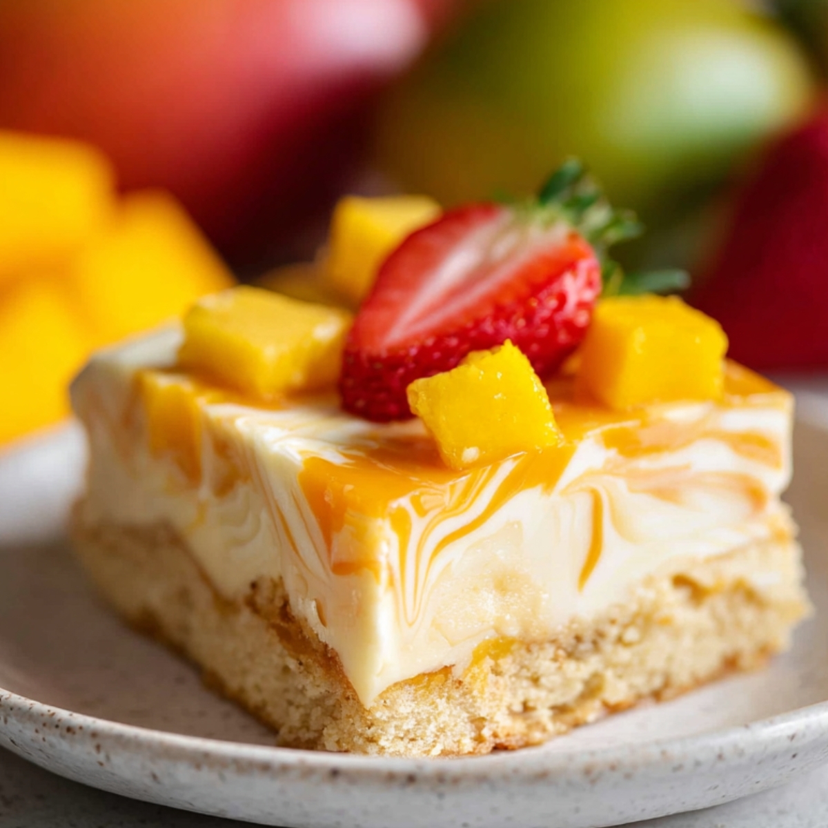 Mango Tres Leches Cake Close-up of a slice of mango tres leches cake on a white plate, topped with fresh mango cubes and a halved strawberry, with blurred mangoes and strawberries in the background.