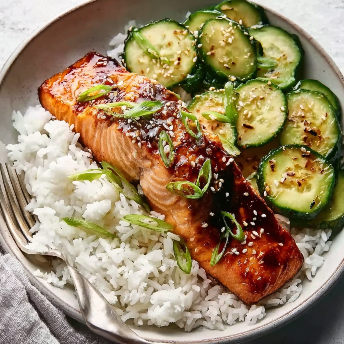 Miso Salmon Miso-glazed salmon served over white rice with sesame cucumber salad, topped with green onions and sesame seeds in a ceramic bowl.