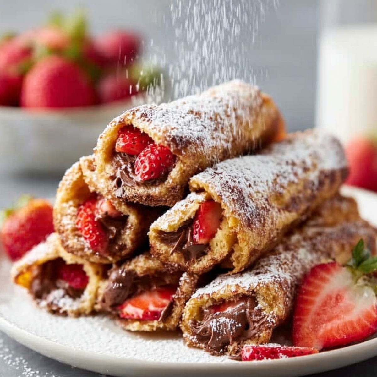 Nutella French Toast Roll Create an image of gingerbread-flavored French toast roll-ups filled with chocolate spread and fresh strawberries. The roll-ups should be stacked on a plate, dusted with powdered sugar, and accompanied by extra strawberry slices on the side. The background should evoke a warm, cozy feeling with a soft table setting.