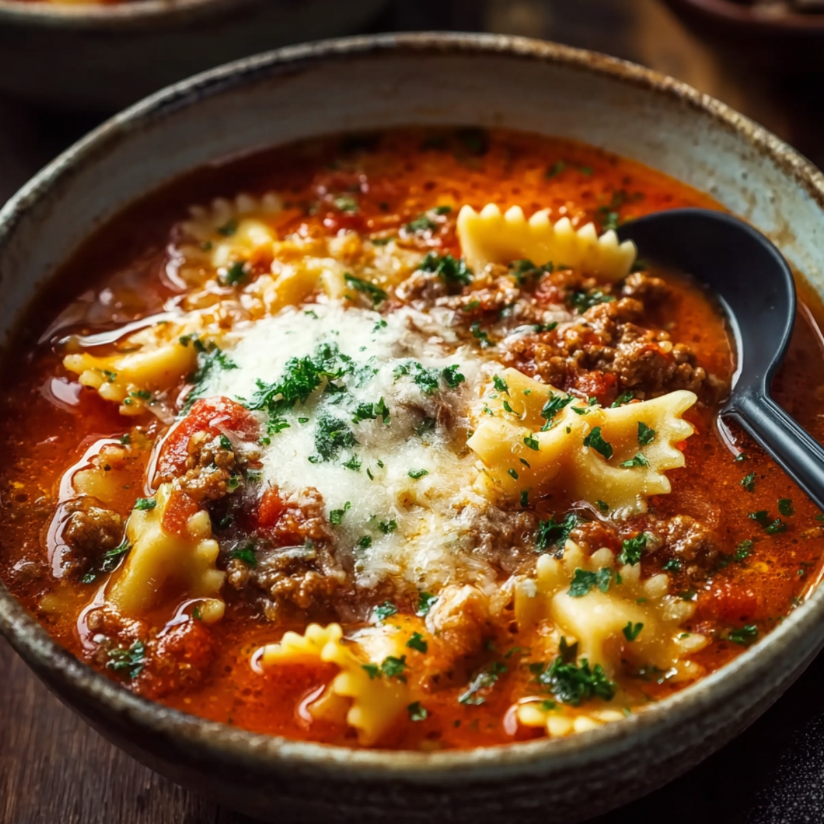 One Pot Lasagna Soup A bowl of delicious lasagna soup featuring layers of tender lasagna noodles, savory ground beef, and a rich tomato-based broth. The soup is topped with freshly grated Parmesan cheese and garnished with a sprinkle of parsley for added color and flavor.