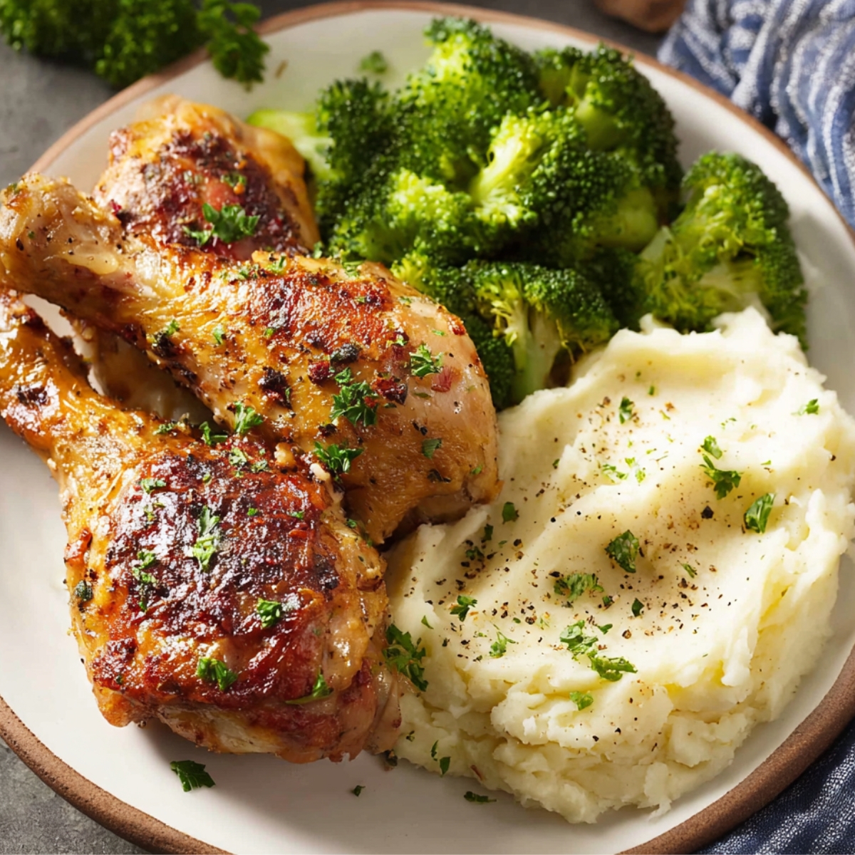 
Oven Baked Chicken Drumsticks
Close up of a comforting plate featuring crispy chicken drumsticks, creamy mashed potatoes, and vibrant broccoli. A meal that’s both hearty and nutritious, garnished with a touch of fresh parsley.