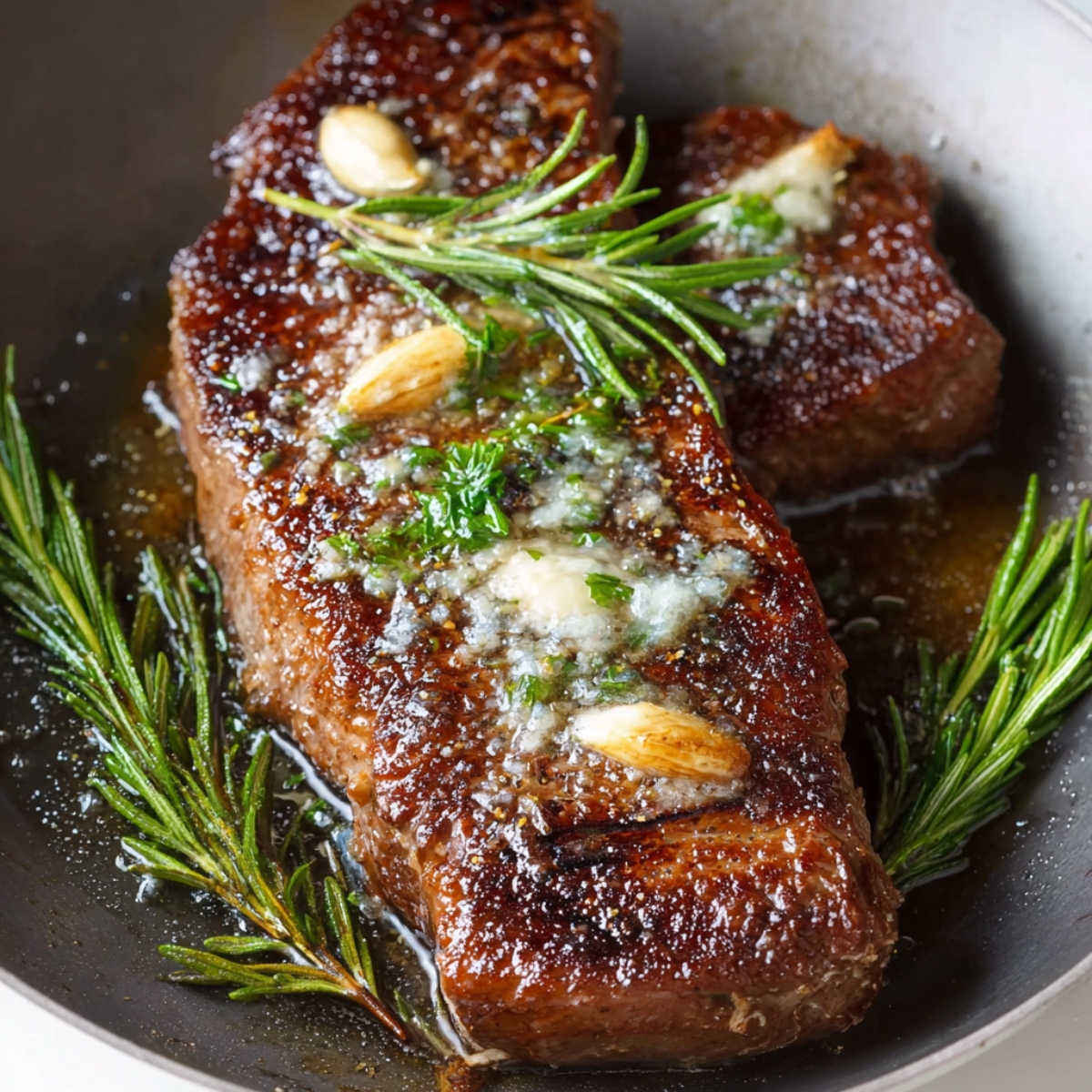 Pan Seared Steak A succulent pan-seared steak, cooked to perfection with a rich golden-brown crust. The steak is gently basted with melted butter, garlic, and fresh rosemary, infusing it with aromatic flavors.