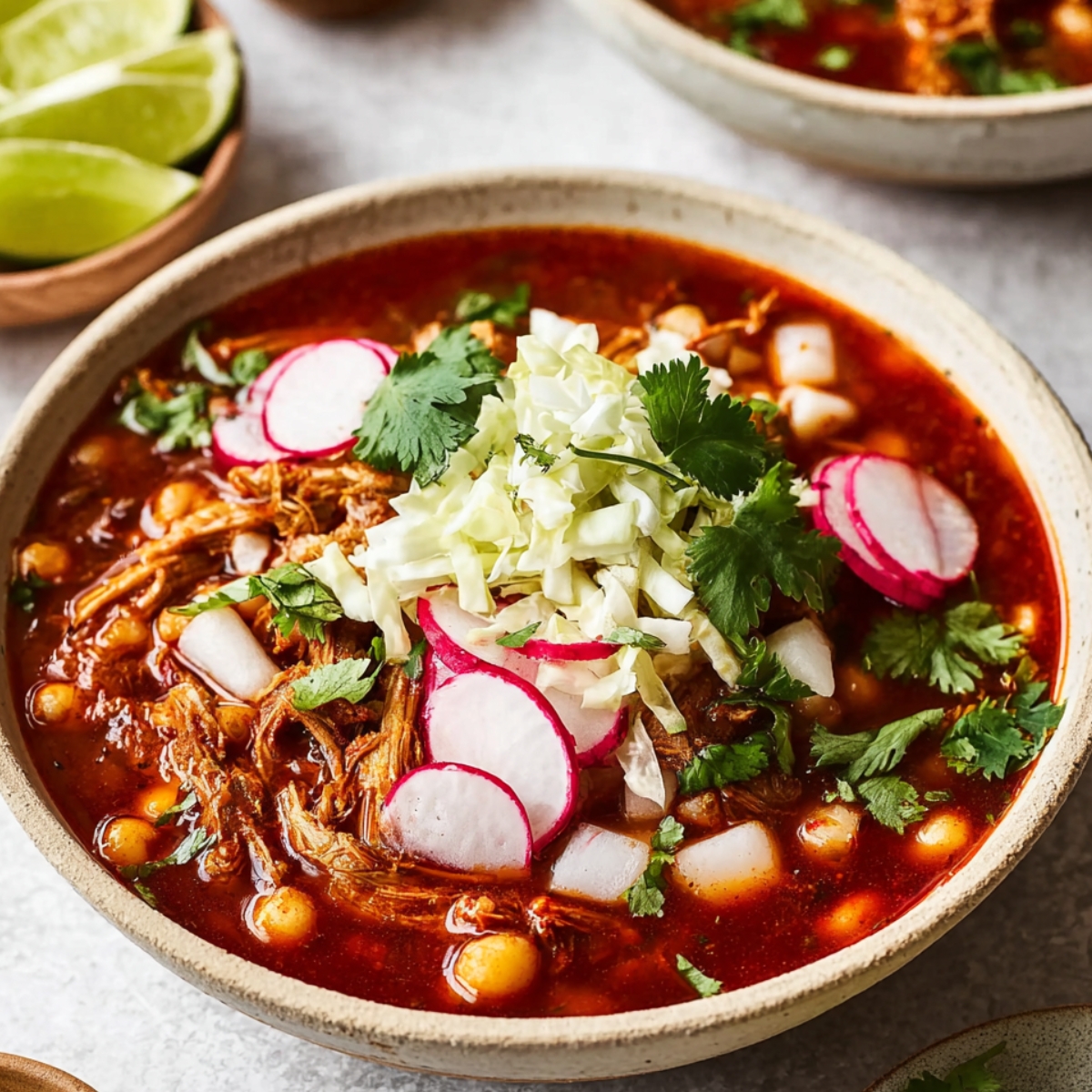Pozole Rojo with Pork Bowl of homemade pozole rojo with pork topped with shredded cabbage, sliced radishes, diced onion, fresh cilantro, and hominy in rich red chili broth, served with lime wedges.