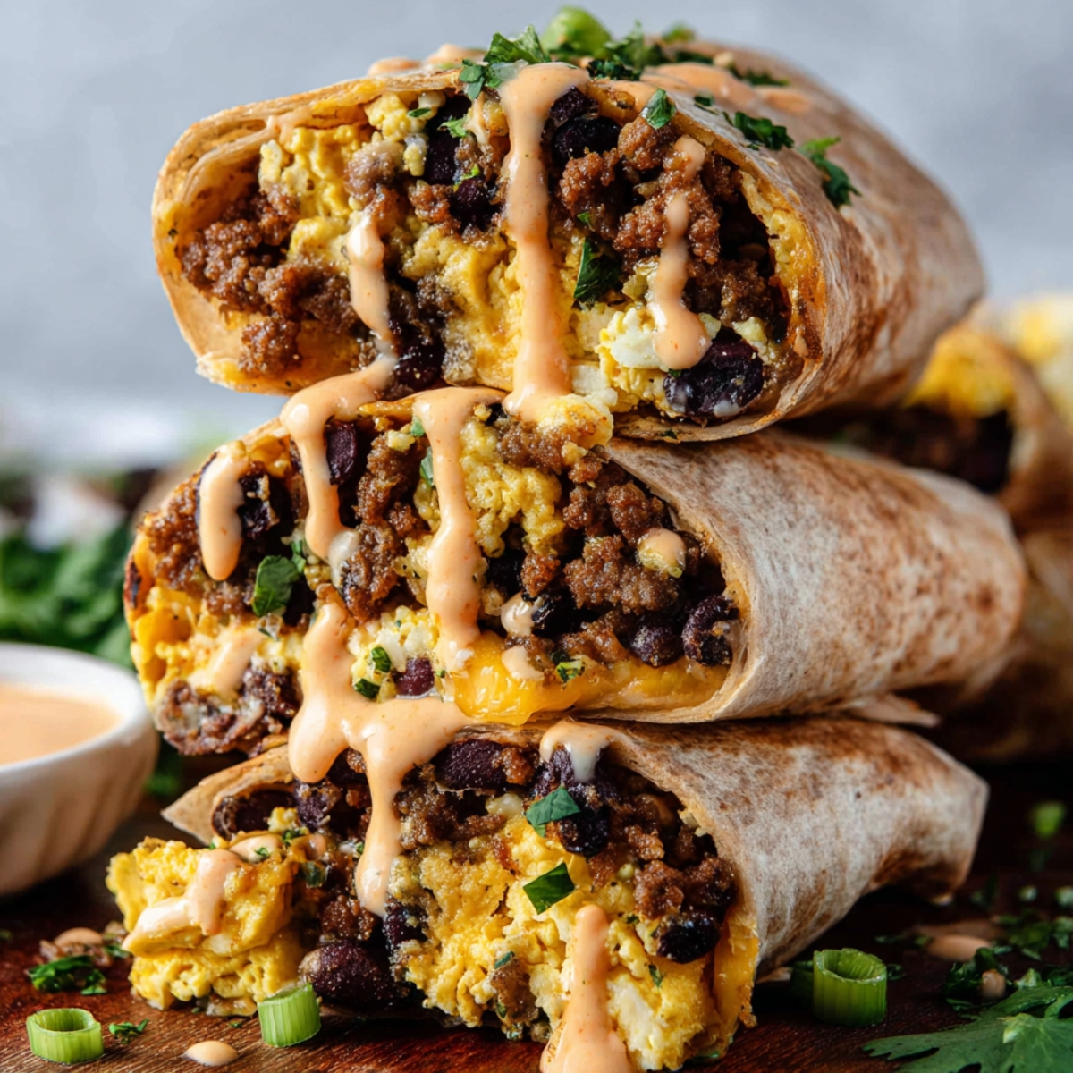 Protein Breakfast Burritos 
Close-up of three stacked breakfast burrito halves filled with scrambled eggs, ground sausage, black beans, melted cheese, and drizzled with creamy orange sauce, garnished with herbs.