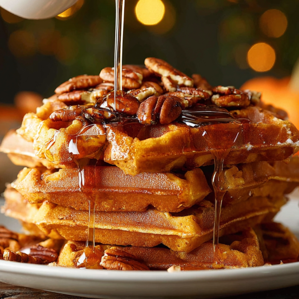 Pumpkin Waffles Close up of a tall stack of golden, crispy waffles on a white plate, warm maple syrup being poured from a small white pitcher over the top, syrup cascading down the sides, topped with pecans, cozy autumn ambiance with soft bokeh lights in the background, rich warm tones, shallow depth of field, ultra-detailed food photography, natural lighting, high resolution.