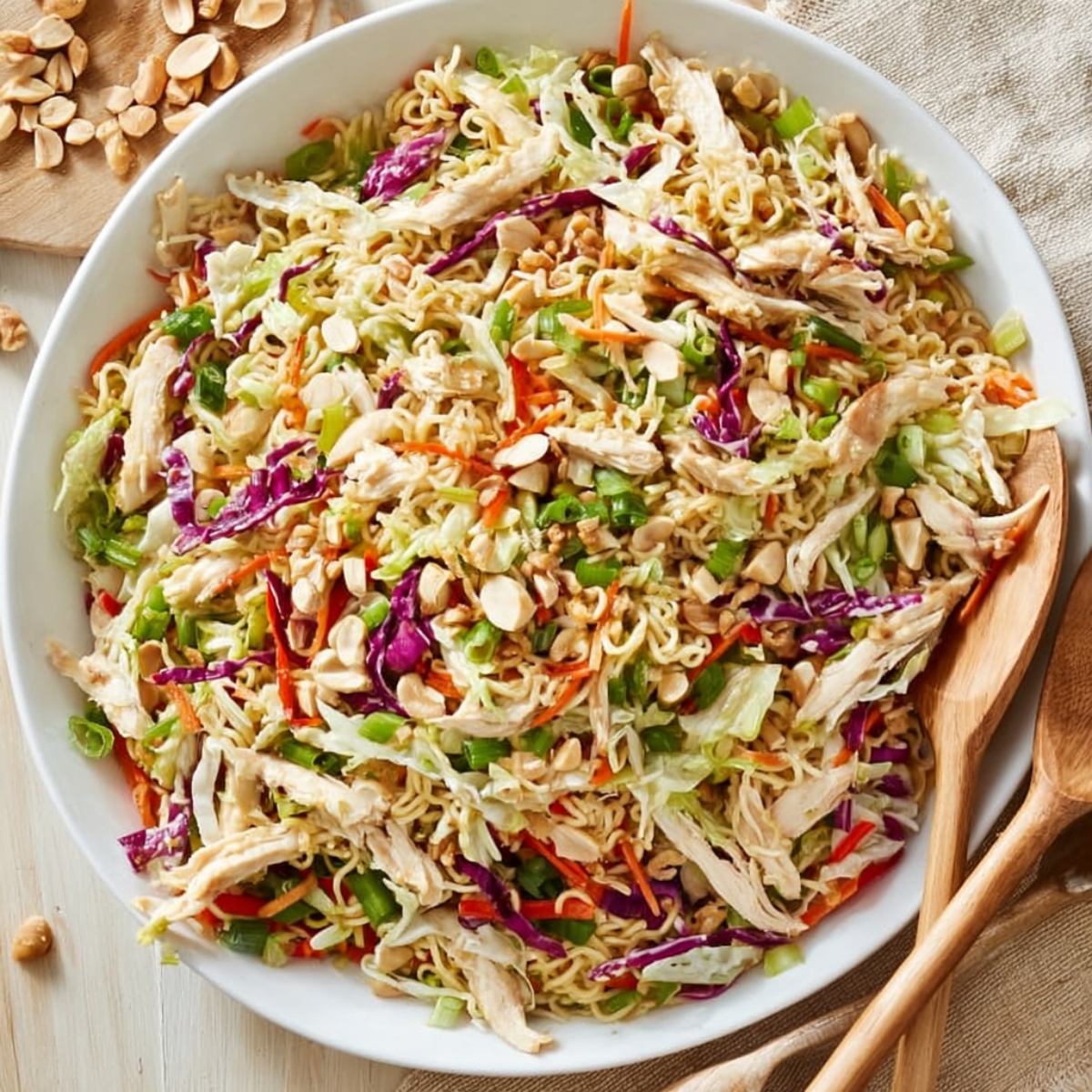 Ramen Noodle Salad Overhead view of a vibrant ramen noodle chicken salad fully tossed and ready to serve. Crunchy cabbage, carrots, green onions, shredded chicken, almonds, and ramen pieces mixed together in a large white bowl with wooden salad spoons. Fresh, colorful, and perfect for a light lunch or dinner.