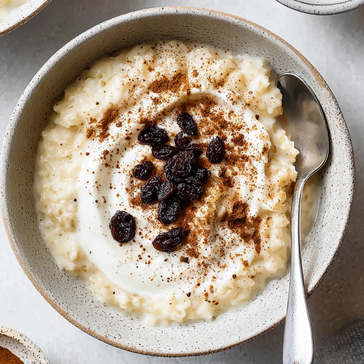Rice Pudding Recipe Overhead close-up of a bowl of creamy rice pudding topped with yogurt, cinnamon, and raisins, with a spoon resting on the side.