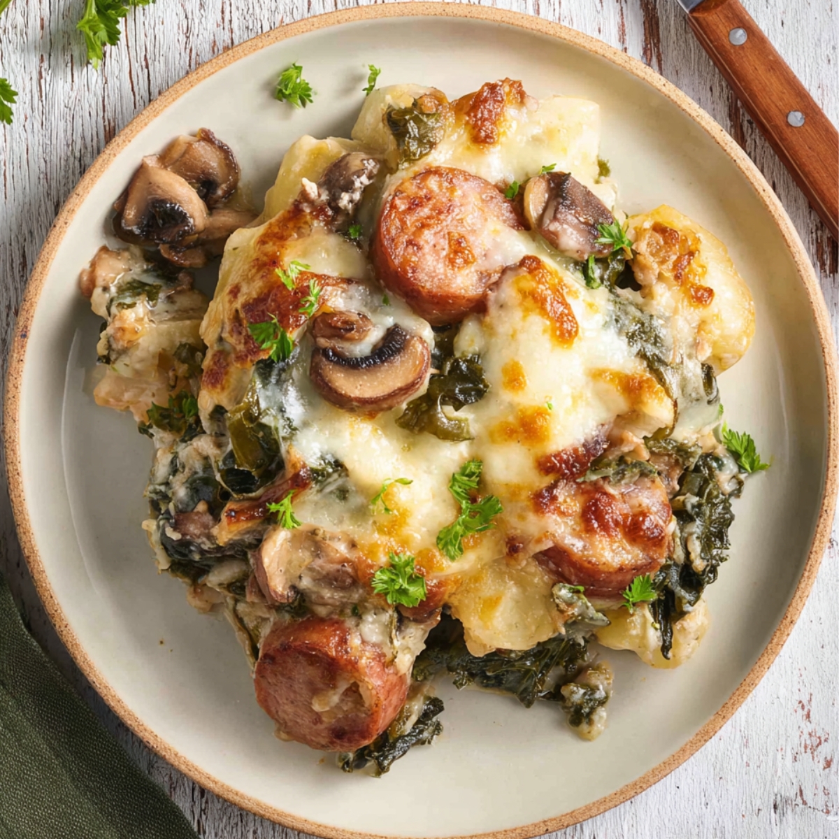 Sausage and Kale Casserole Overhead view of cheesy turkey sausage and kale casserole with sliced sausage, mushrooms, potatoes, and melted mozzarella on a white plate.