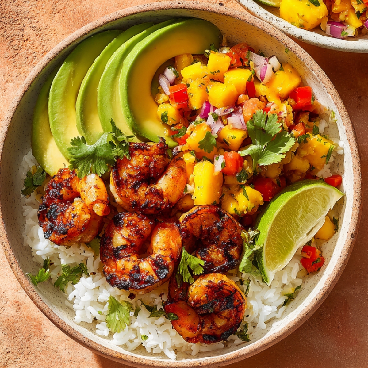 Shrimp Rice Bowl Grilled shrimp rice bowl topped with mango salsa, sliced avocado, fresh cilantro, and a lime wedge over fluffy white rice in a ceramic bowl.