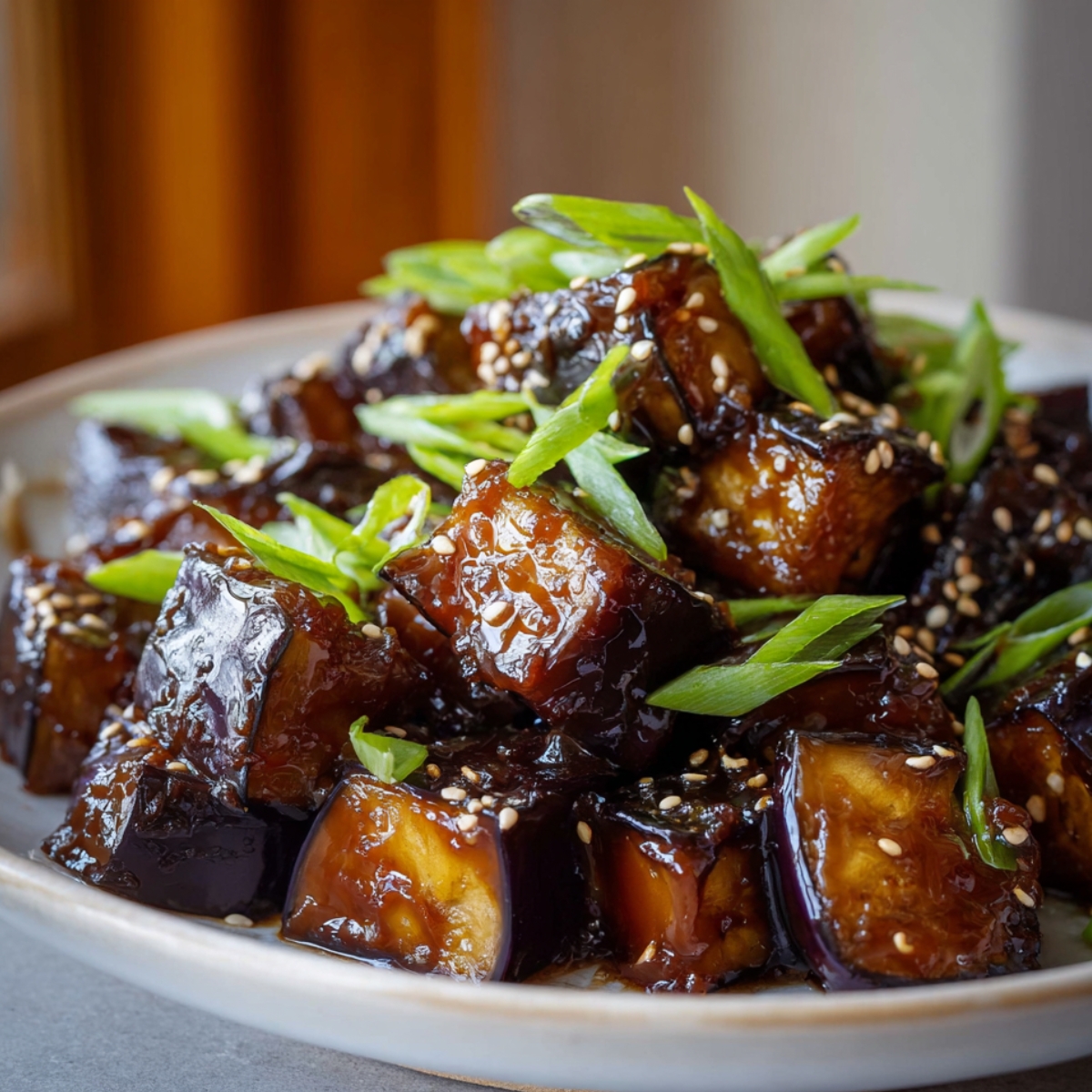 Close-up of soy glazed eggplant cubes garnished with sesame seeds and sliced green onions on a white plate, coated in a glossy dark sauce.