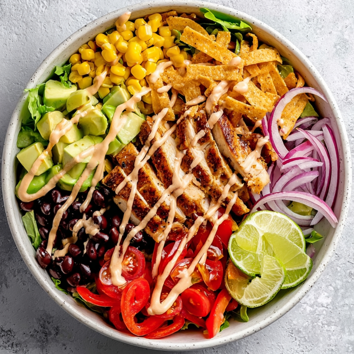 Spicy Southwest Salad Spicy Southwest chicken salad bowl with sliced grilled chicken, avocado chunks, black beans, sweet corn, cherry tomatoes, red onion, crispy tortilla strips, and lime wedges drizzled with creamy chipotle dressing.
