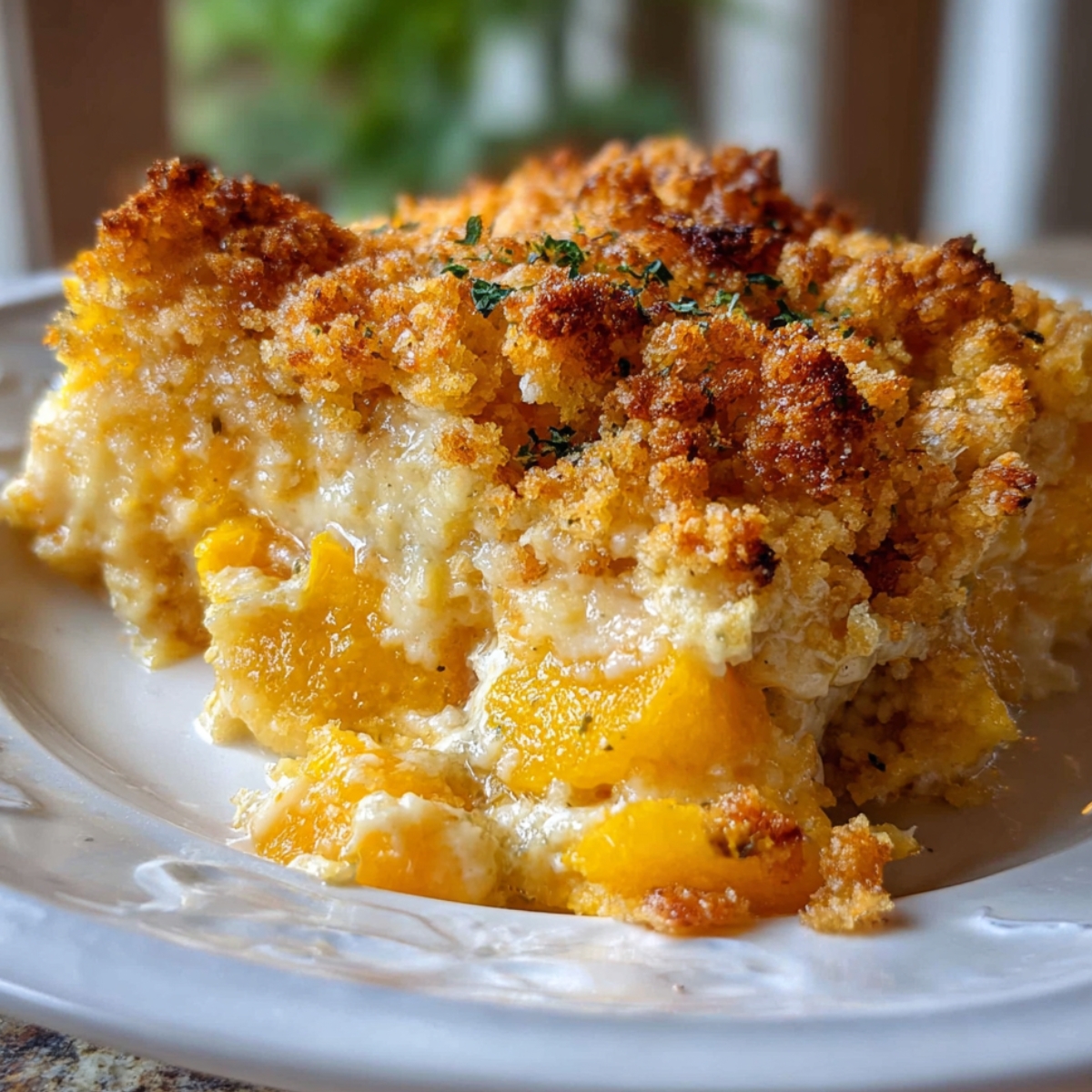 Squash Casserole Close up of a mouth-watering slice of cheesy Southern yellow squash casserole with a golden, crispy topping, showing a rich and creamy interior.