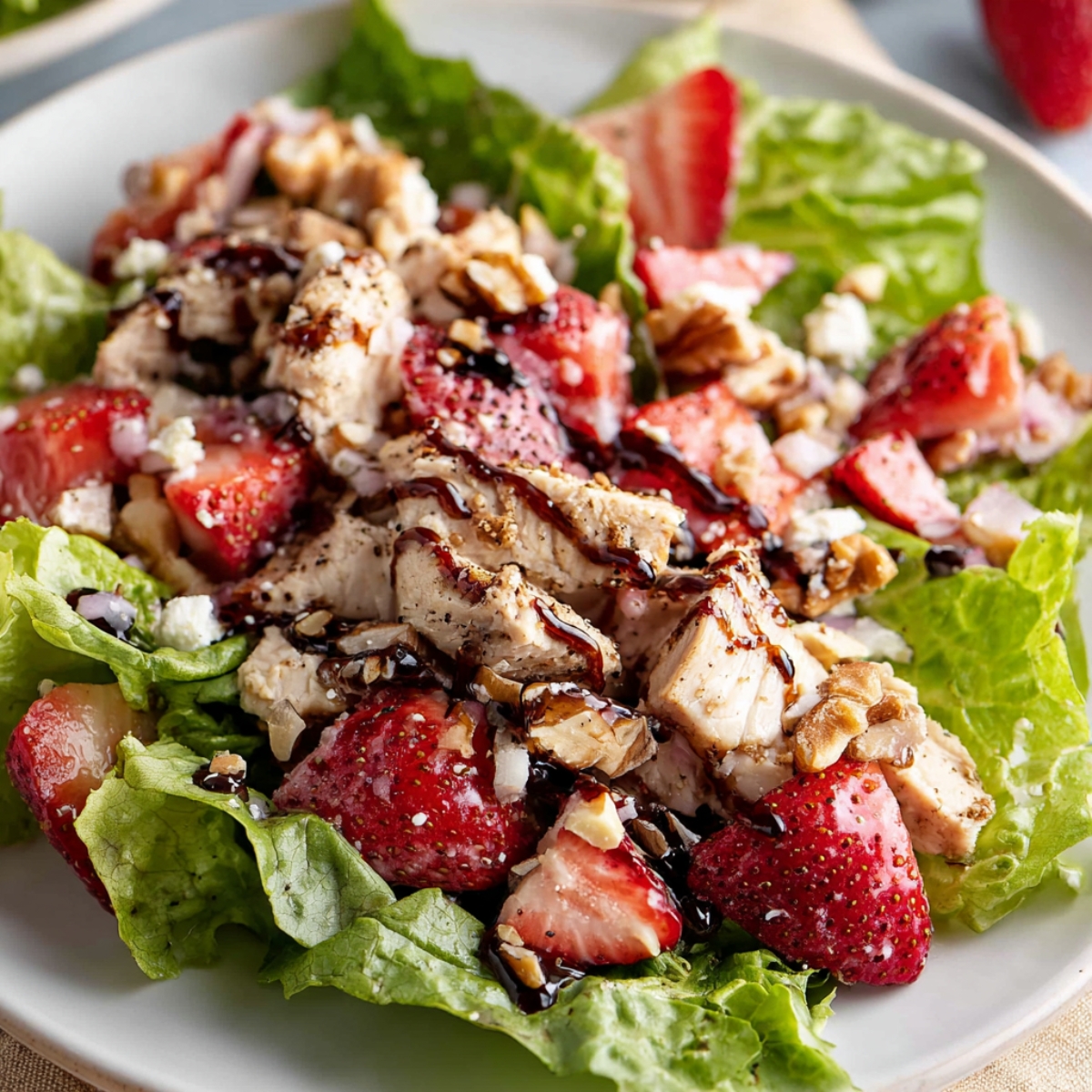 Strawberry Chicken Salad Strawberry Chicken Salad Close-Up: A vibrant and fresh strawberry chicken salad, featuring tender chicken, juicy strawberries, crunchy walnuts, and a drizzle of balsamic glaze. Served on crisp lettuce for a light and refreshing meal.