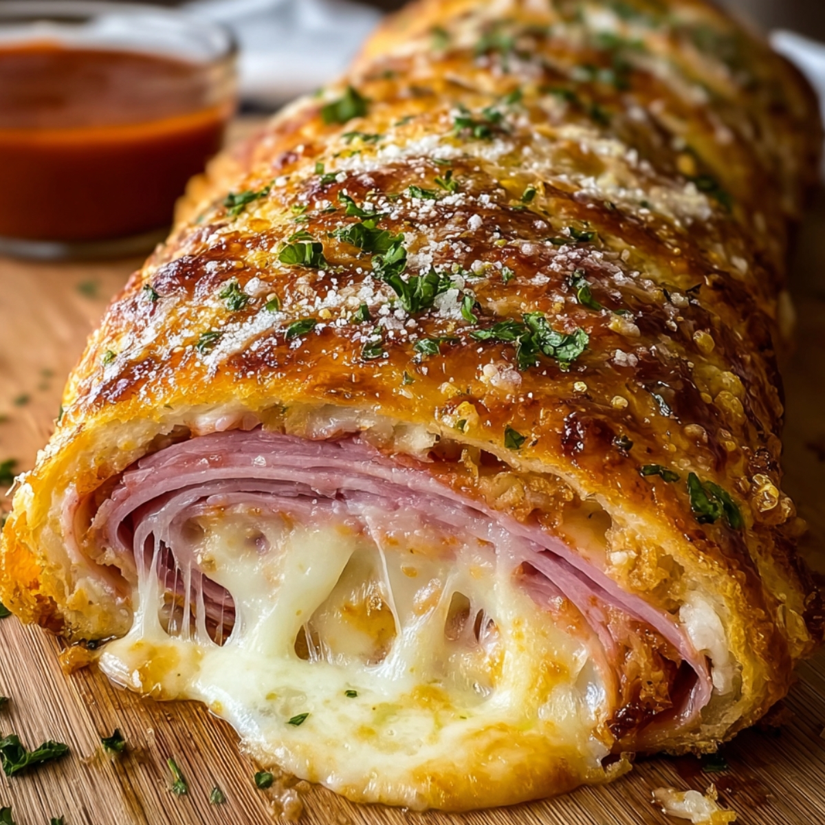Stromboli Recipe Close-up of a freshly baked stromboli on a wooden cutting board, golden glossy crust topped with herbs and grated cheese. The sliced end reveals layers of ham and gooey melted mozzarella stretching out. Warm lighting, shallow depth of field, blurred background with a small bowl of marinara sauce, ultra-realistic food photography.