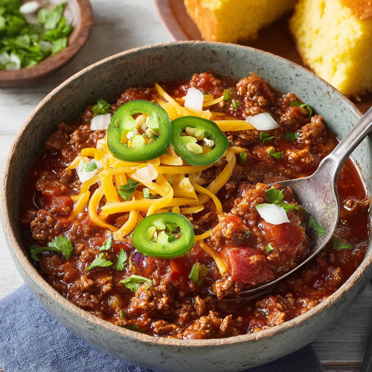 Texas Chili A bowl of thick Texas chili topped with shredded cheddar cheese, sliced jalapeños, chopped onions, and fresh cilantro, with a spoon scooping a hearty bite and cornbread in the background.
