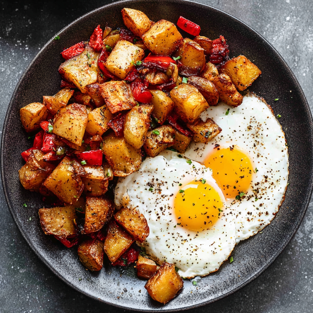 breakfast potatoes A dark ceramic plate filled with crispy roasted breakfast potatoes mixed with red bell peppers, served alongside two sunny-side-up eggs with bright yellow yolks and black pepper on top.