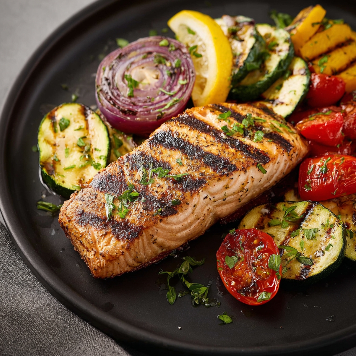 grilled salmon recipe Close up of a beautifully plated grilled salmon fillet alongside a mix of grilled vegetables, including zucchini, tomatoes, and onions, with a garnish of fresh herbs, emphasizing the colors and textures of the dish.