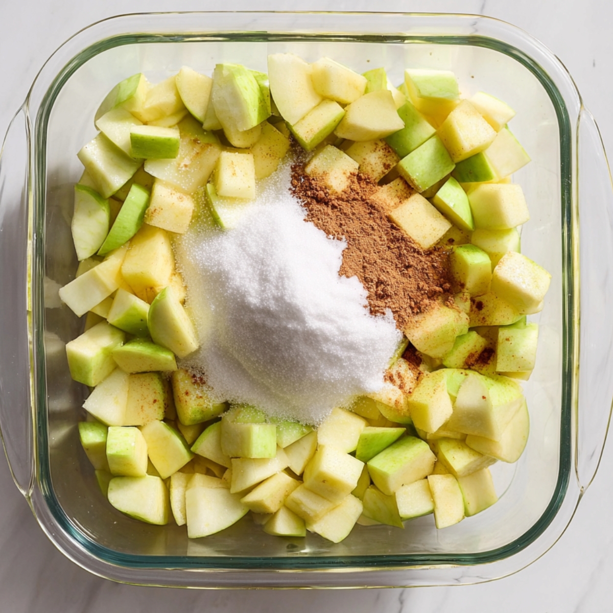 Chopped green and yellow apples in a glass baking dish topped with granulated sugar and ground cinnamon on a white marble countertop, preparing apple dump cake.
