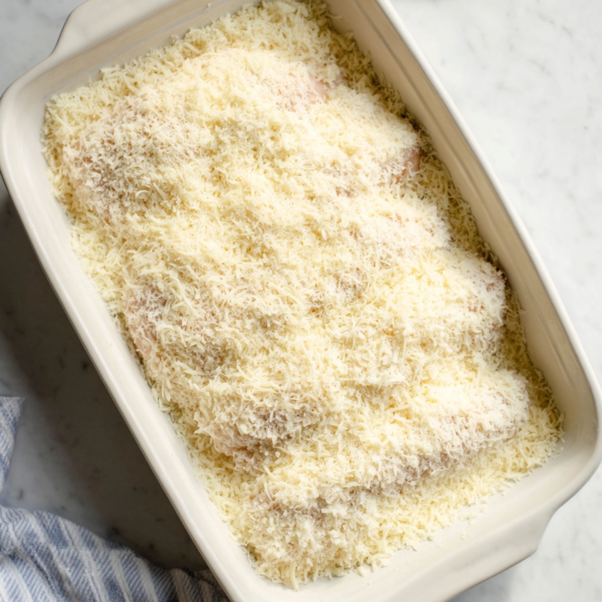 Raw chicken breasts in a white ceramic baking dish covered evenly with a thick layer of freshly grated parmesan cheese before baking.