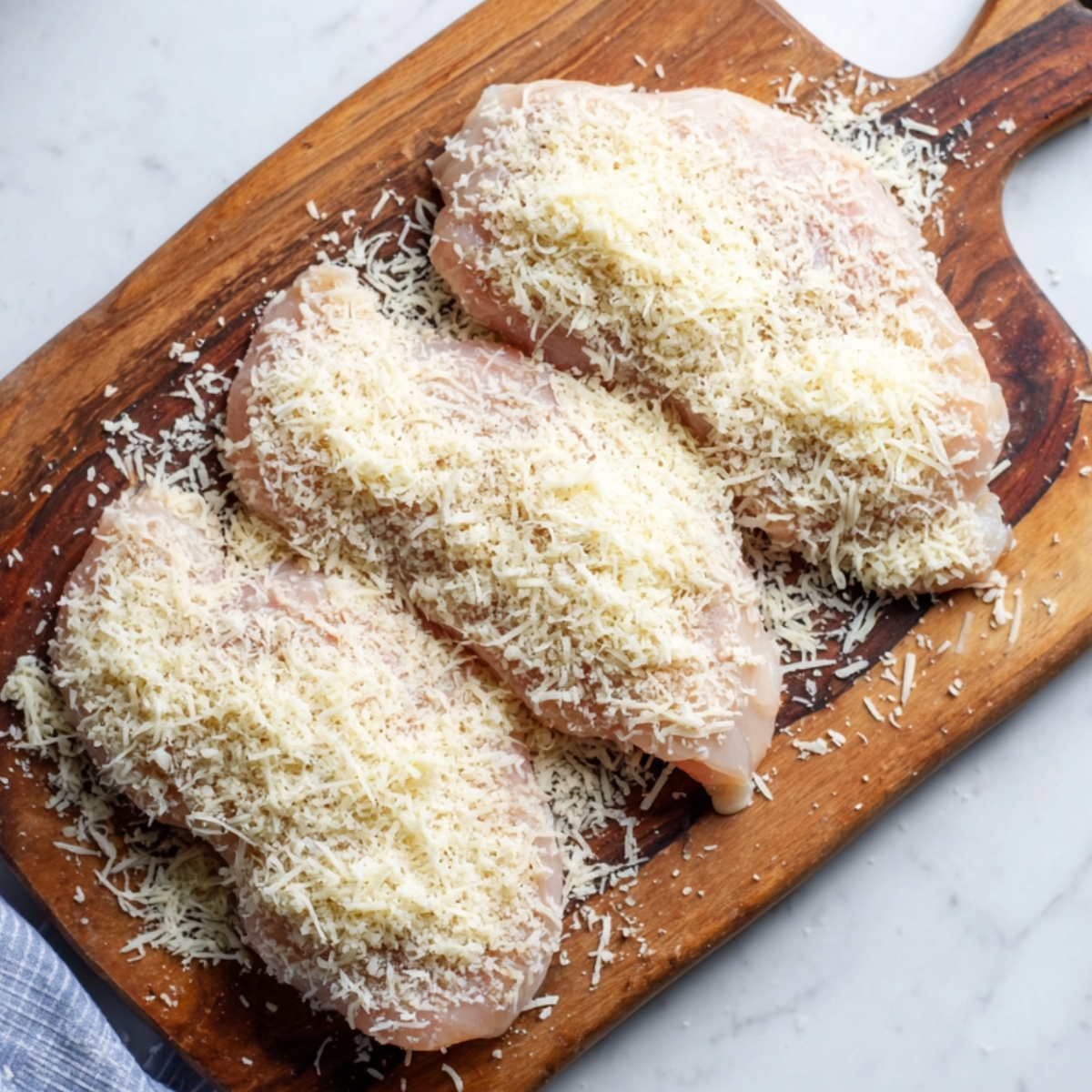 Raw chicken breasts arranged on a wooden cutting board and generously topped with grated parmesan cheese during recipe preparation.