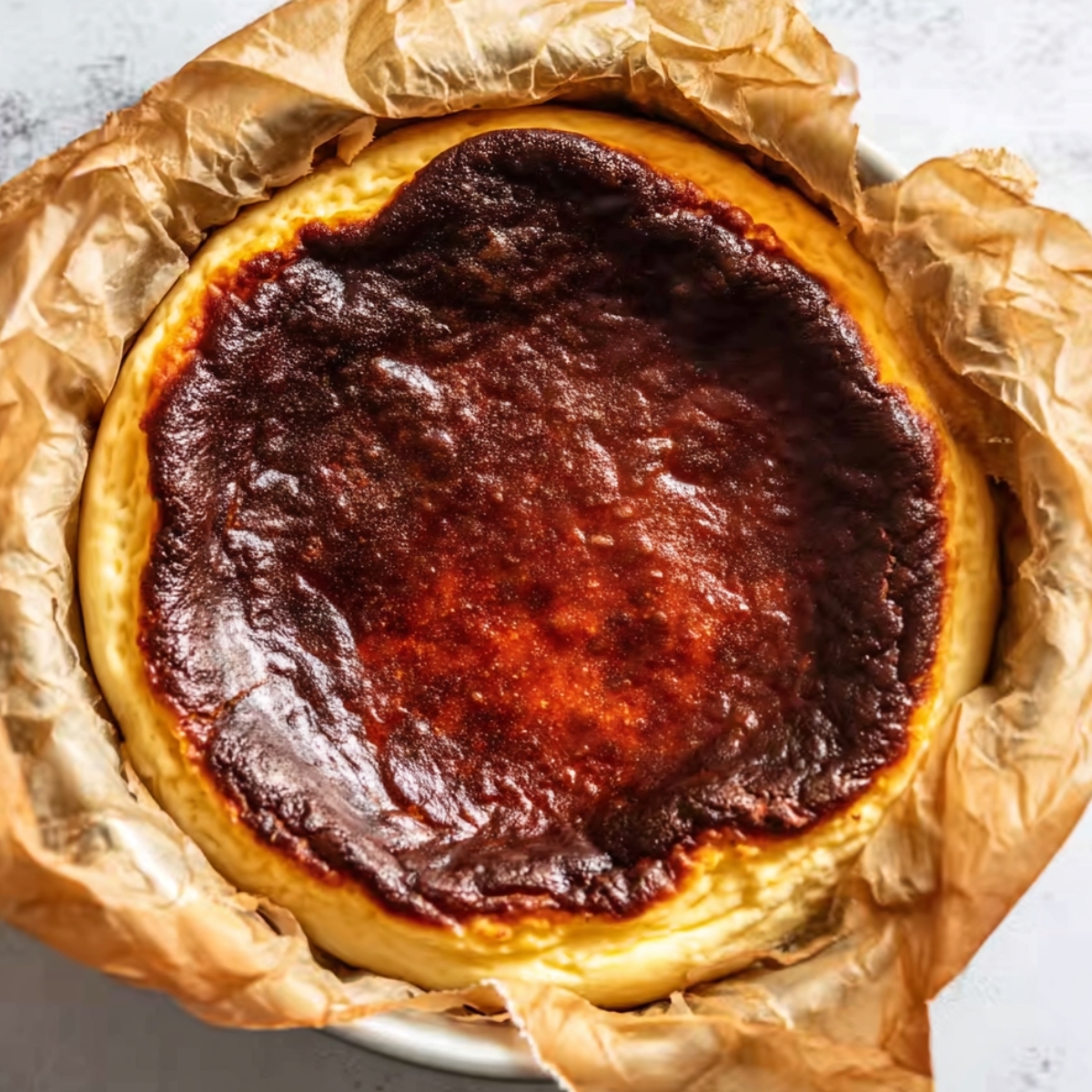 Overhead view of a whole Basque burnt cheesecake in a round pan lined with crinkled parchment paper, featuring a deeply browned, glossy top and golden edges.